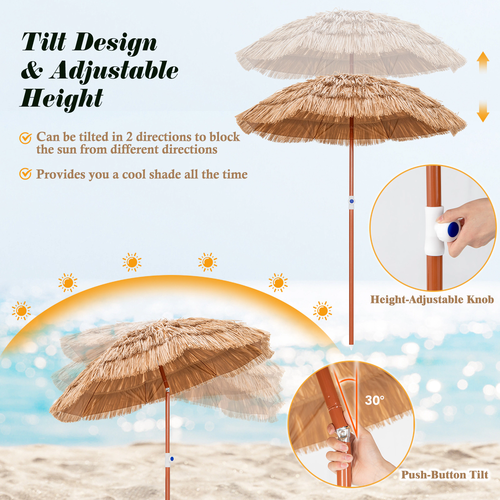 SUGIFT Natural 40-Degree Tilt Push Button Lift and Carrying Bag 6 FT Thatched Patio Umbrella