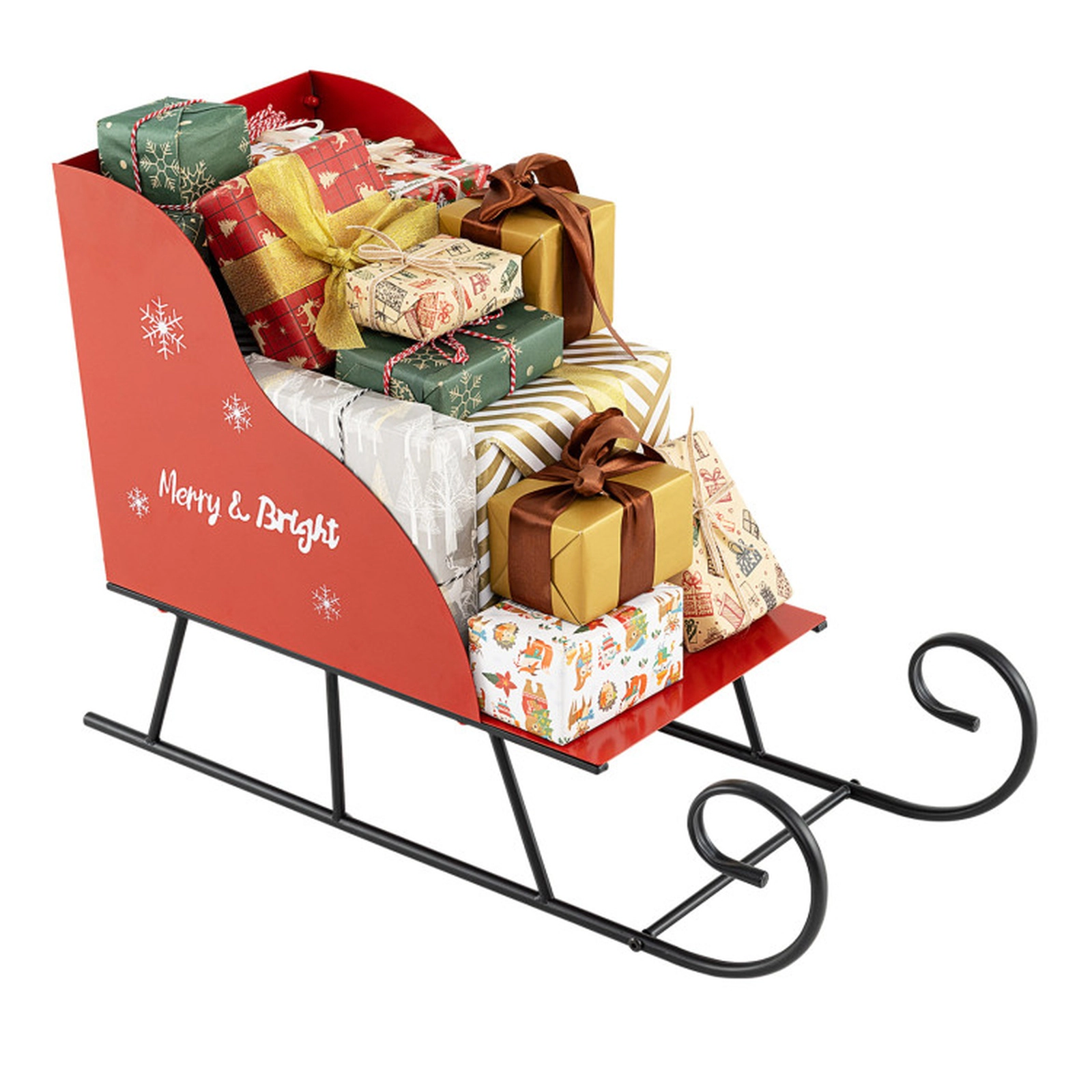SUGIFT Red and Black 29-in Metal Christmas Santa Sleigh Basket for Gift Garland and Ornament Storage