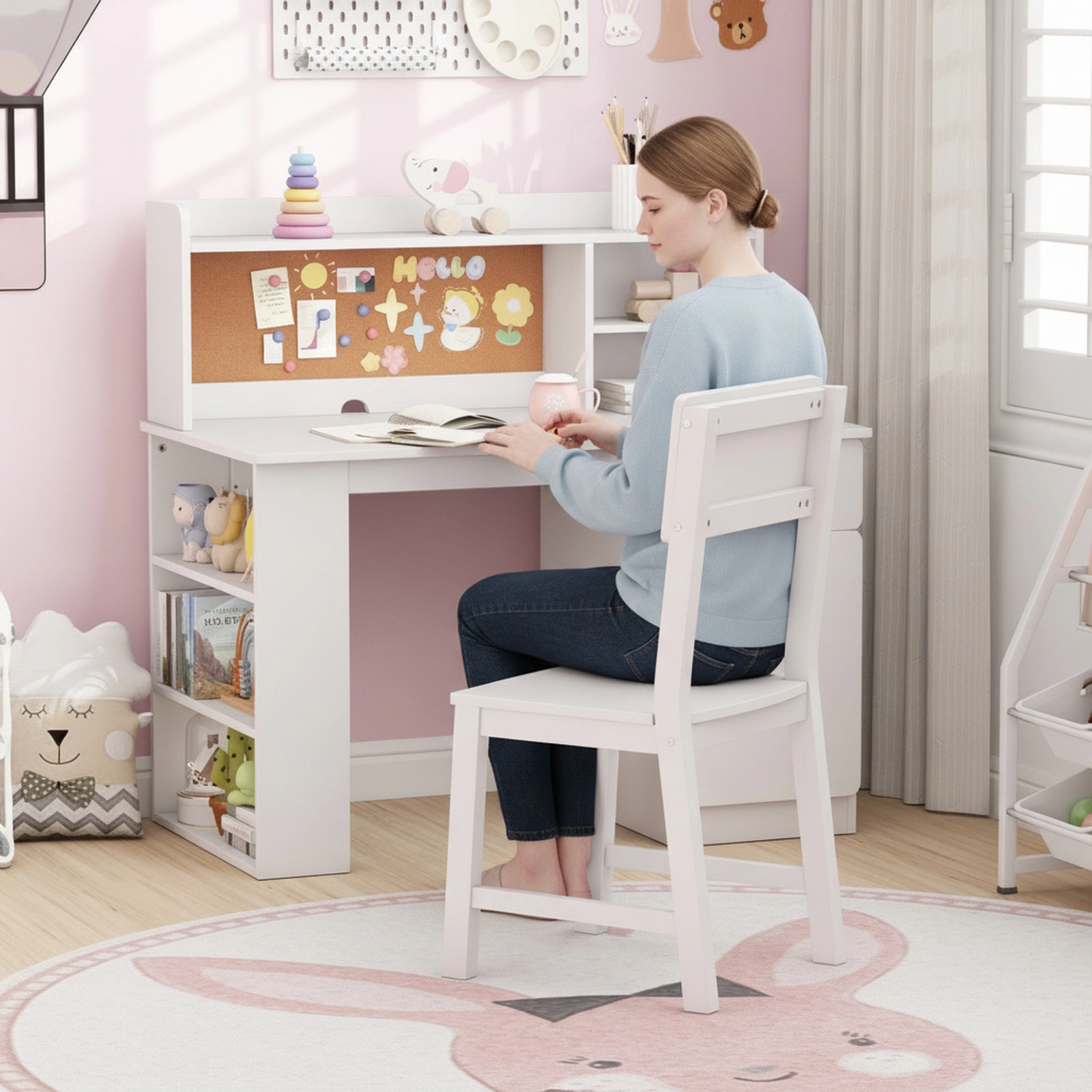 Kids Desk and Chair Set with Hutch 3-Layer Side Shelf Drawer and Enclosed Cabinet Cork Board Student Study Desk White