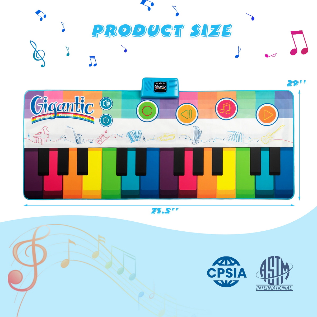 SUGIFT 71.5-in Floor Piano Dance Mat Musical Playmat with 24 Piano Keys 8 Instrument Sounds and Anti-Slip Base