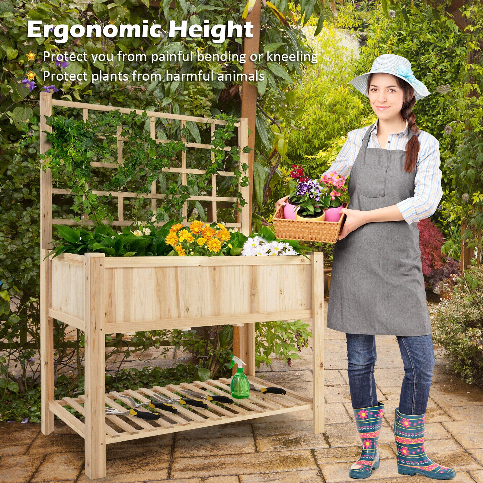 SUGIFT Natural Raised Garden Bed with Trellis and Storage Shelf 42-in W 21-in D 58-in H 386-lb Bed Capacity