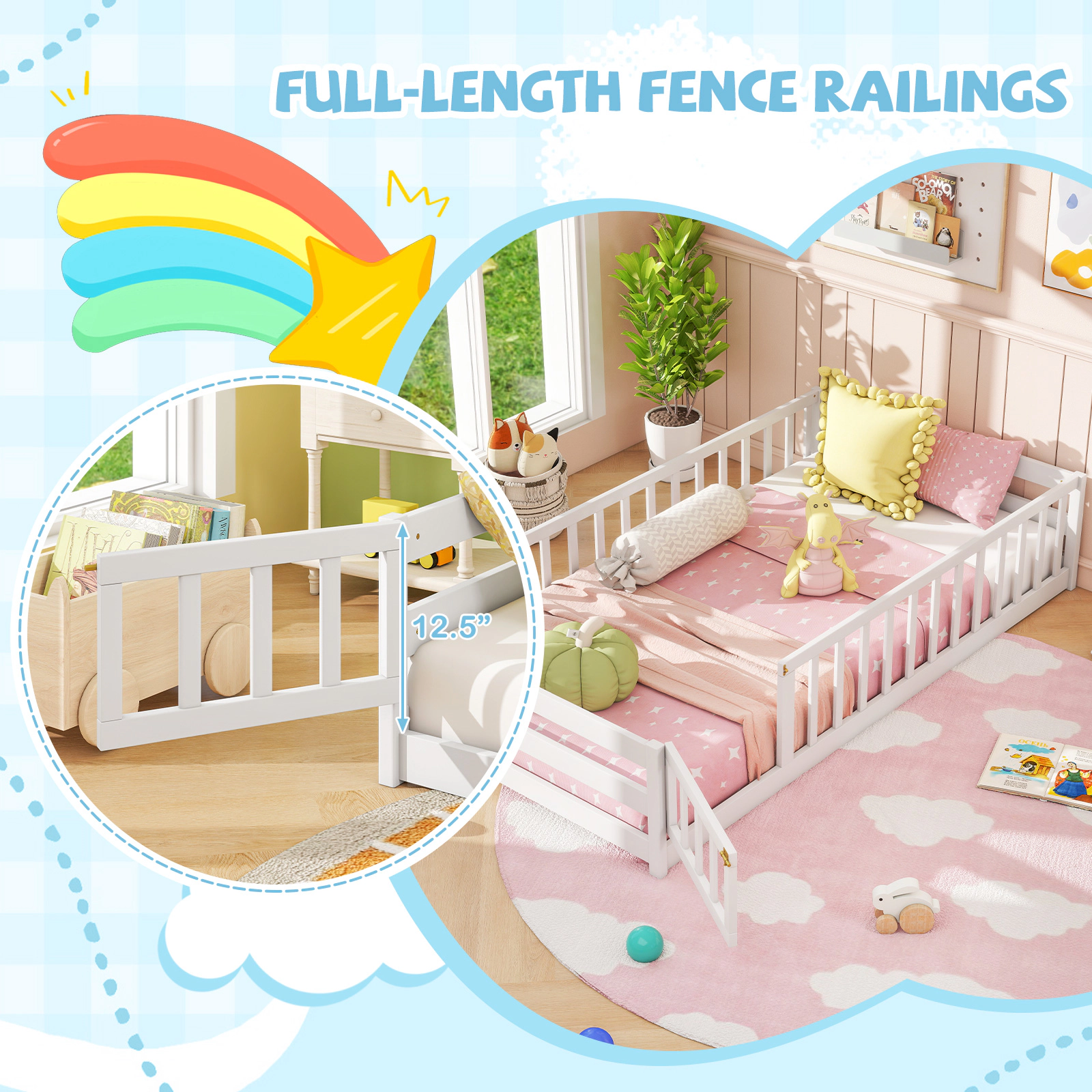 SUGIFT Lockable Door and Full-Length Fence Pine Wood Twin Kids Montessori Floor Bed