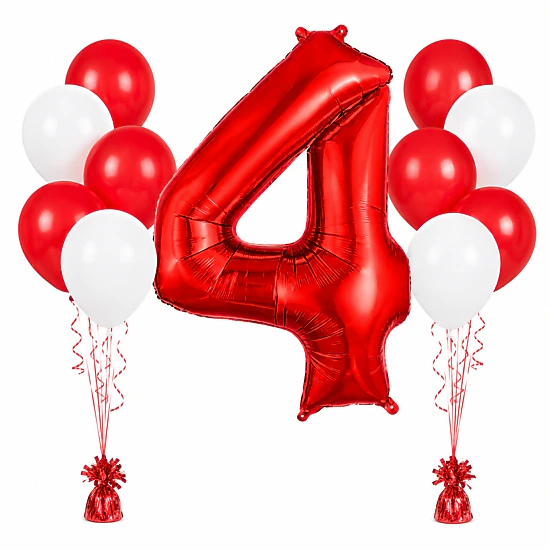 LoonBalloon 34-Inch Red Number 4 Foil Balloon Set with 8 Red and White ...