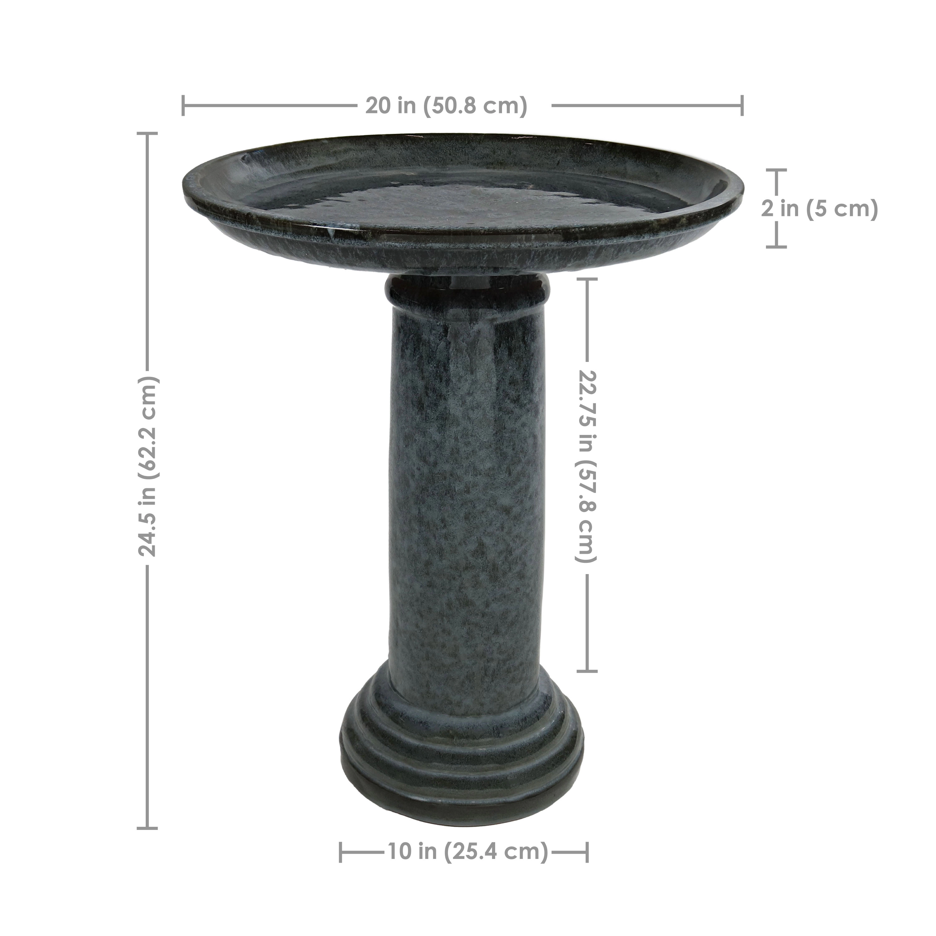 Sunnydaze Toulon Outdoor Ceramic Birdbath, 24.5” H, Black Mist Glaze