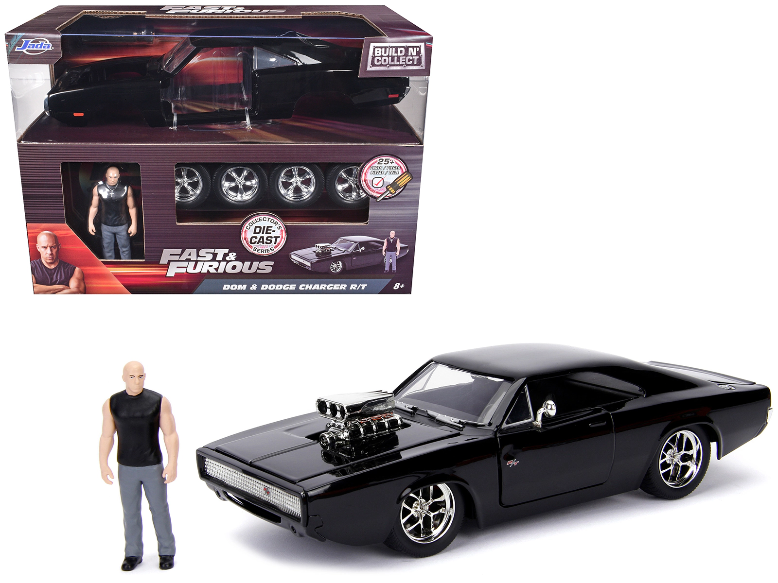 Jada Model Kit Dodge Charger R/T Black and Dom Diecast Figure "Fast & Furious" Movie "Build N' Collect" Series