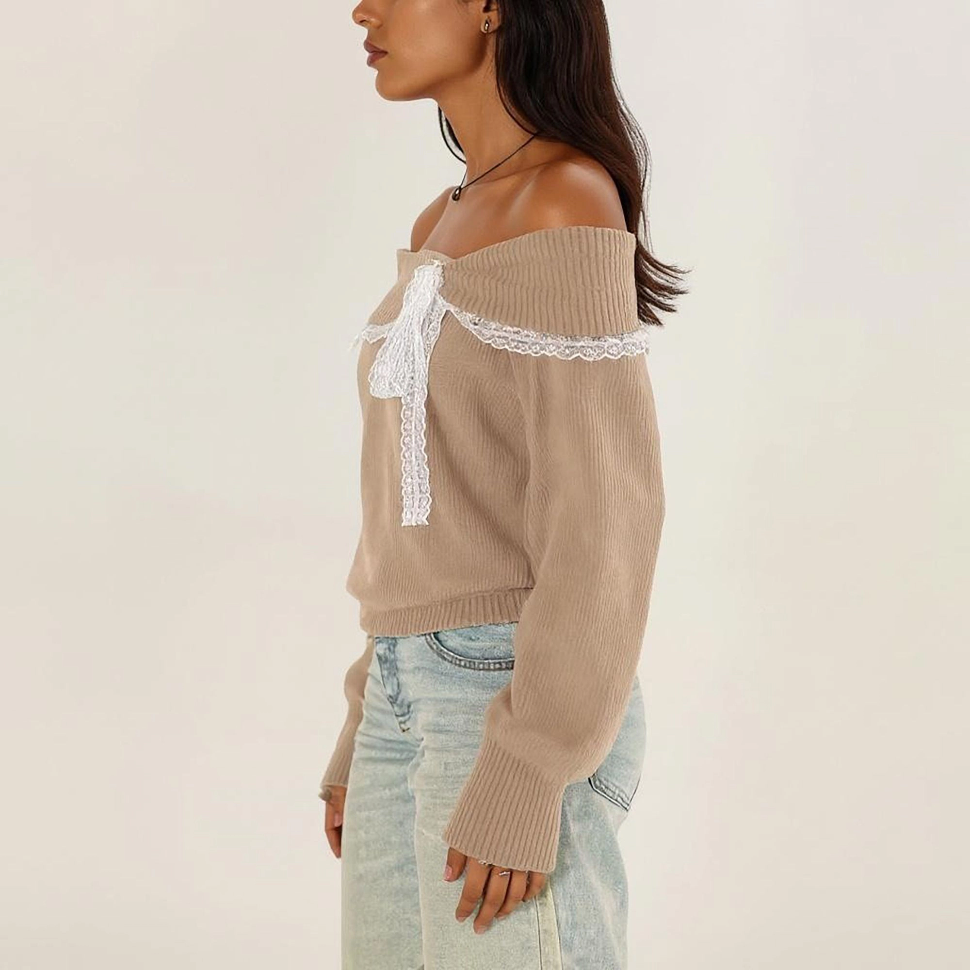 Anna-Kaci Women's Off Shoulder Knit Top with Lace Trim and Long Sleeves
