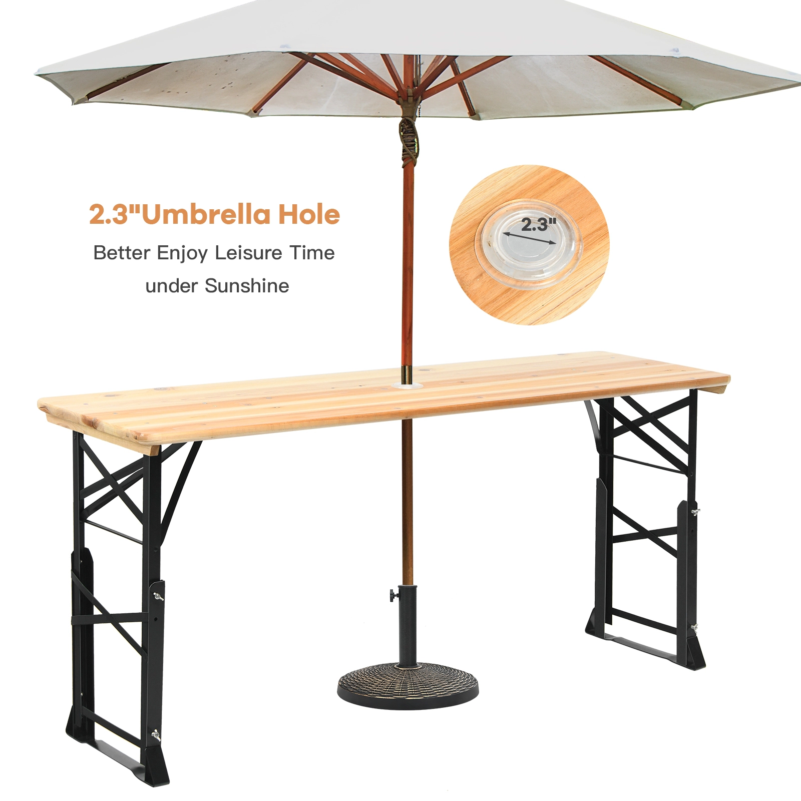 SUGIFT 66.5-in Natural Wood Folding Picnic Table with 2 Adjustable Heights and Umbrella Hole
