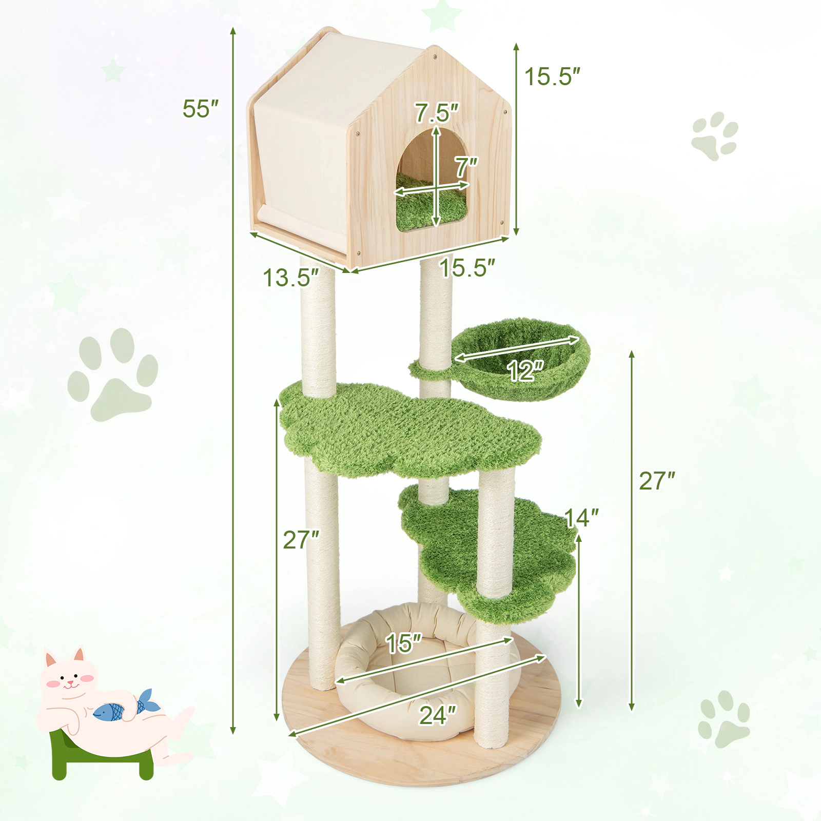SUGIFT 55-in Tall Cat Tree with Hammock Pine Wood Condo Basket Bed and Sisal Posts for Indoor Cats