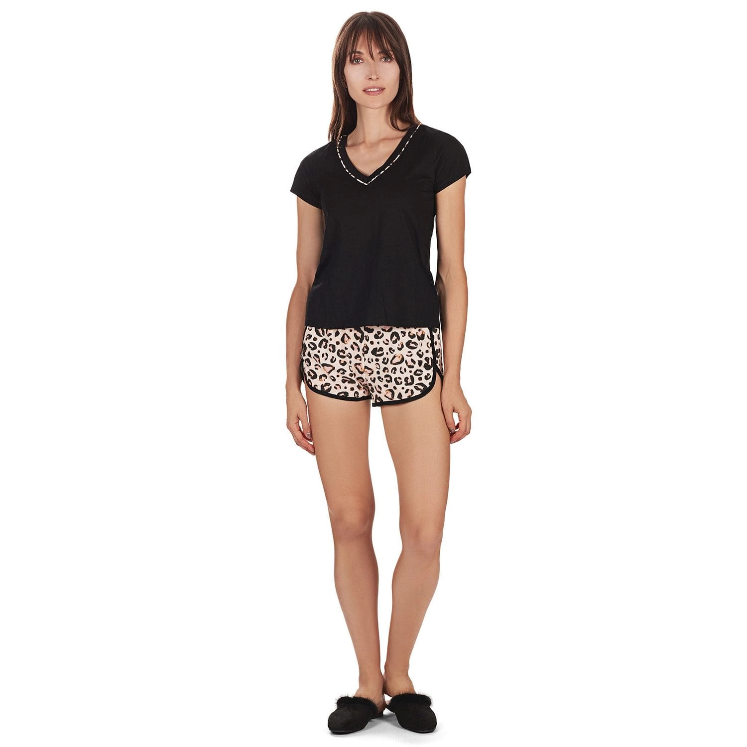 MeMoi Women's Leopard V-Neck Cotton Blend Pajama Set