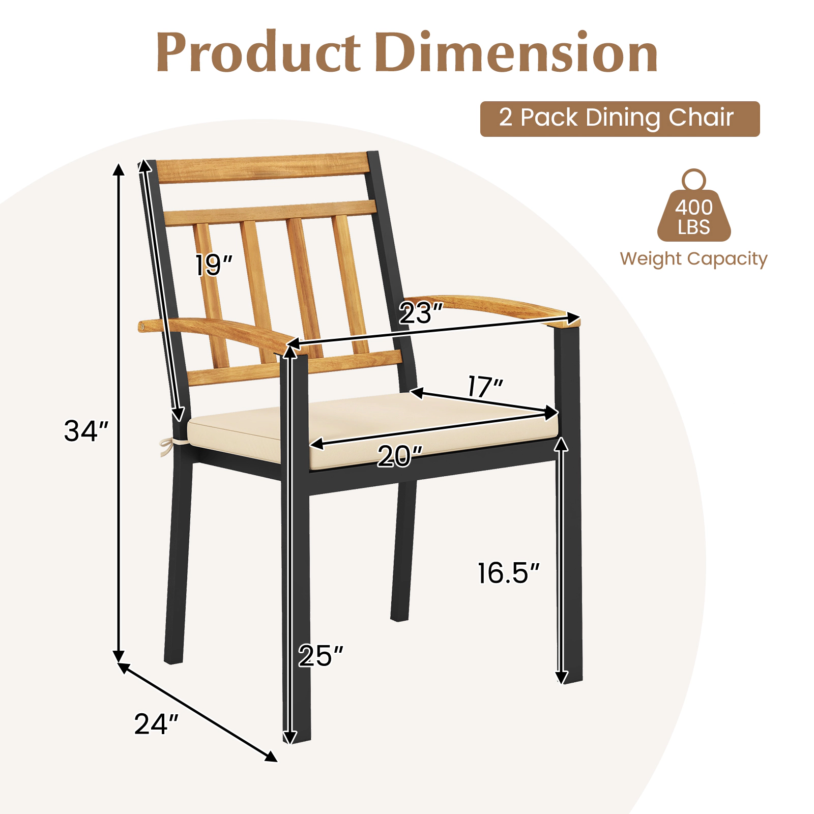 SUGIFT Set of 2 Outdoor Patio Dining Chairs with Cushions and Acacia Wood Armrests