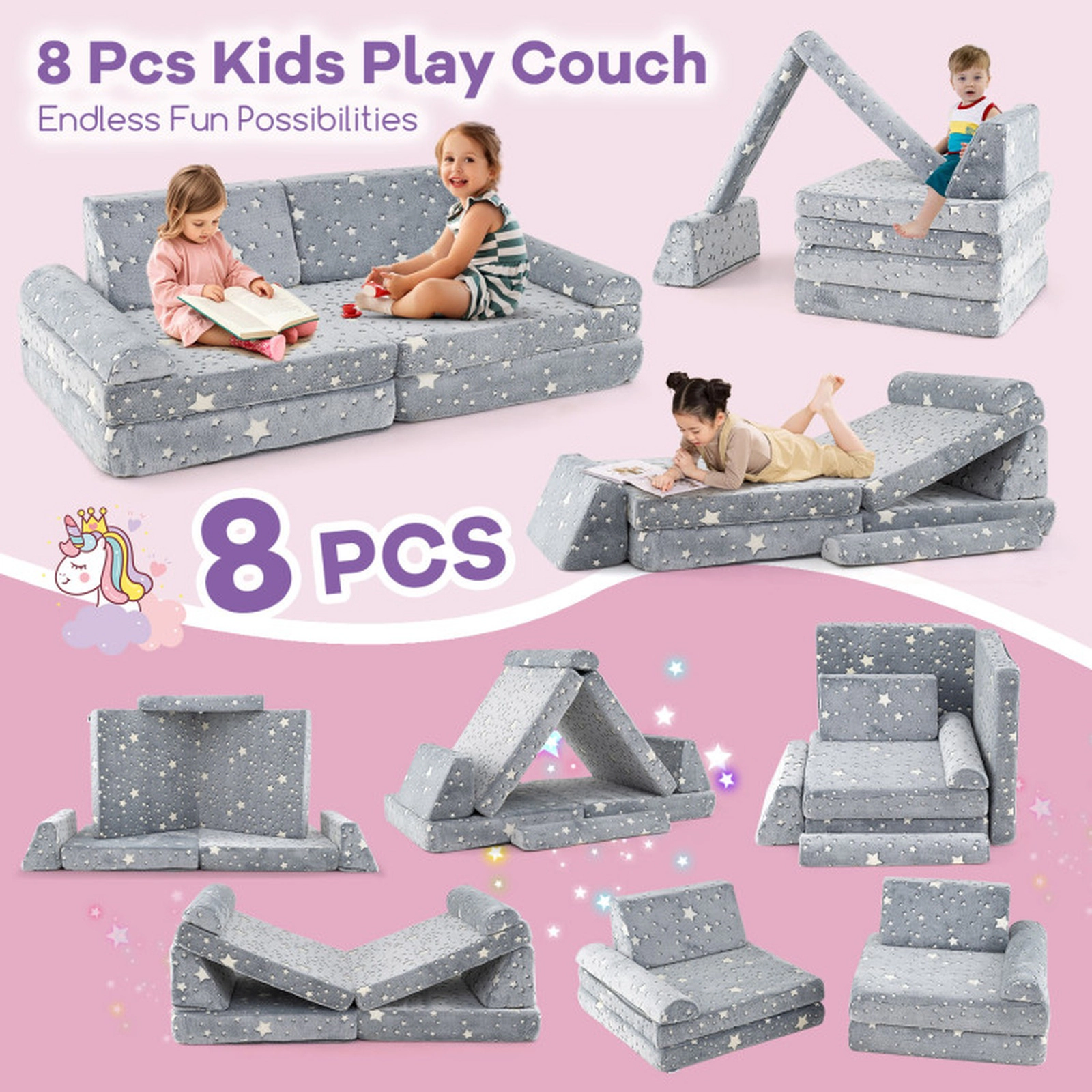 SUGIFT 8-Piece Glow-in-the-Dark Modular Kids Play Couch Toddler Sectional Sofa Chair 55.5-in Wide Gray Multicolor