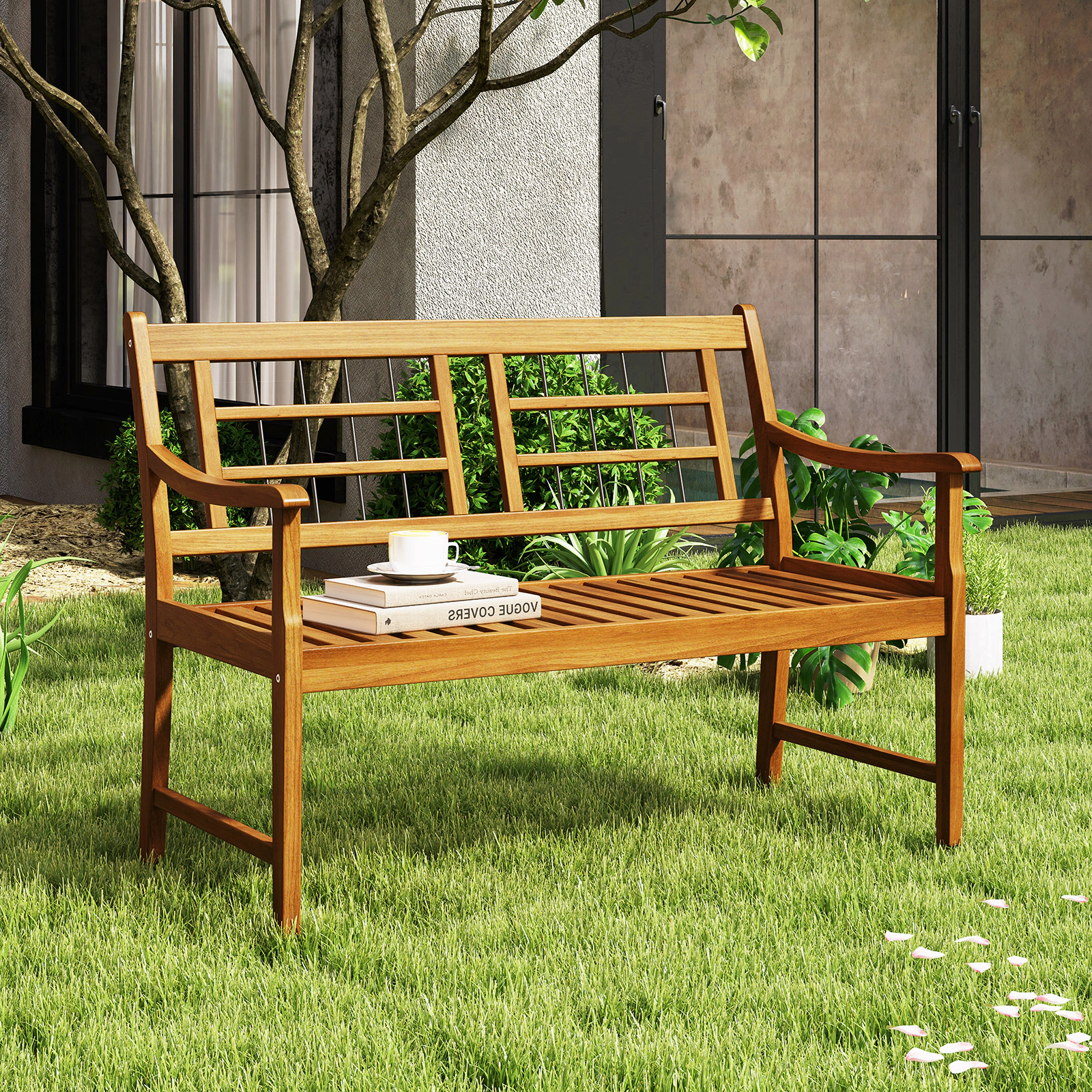 SUGIFT Curved Armrests Slatted Seat and Backrest 46.5 Inch Patio Acacia Wood Bench