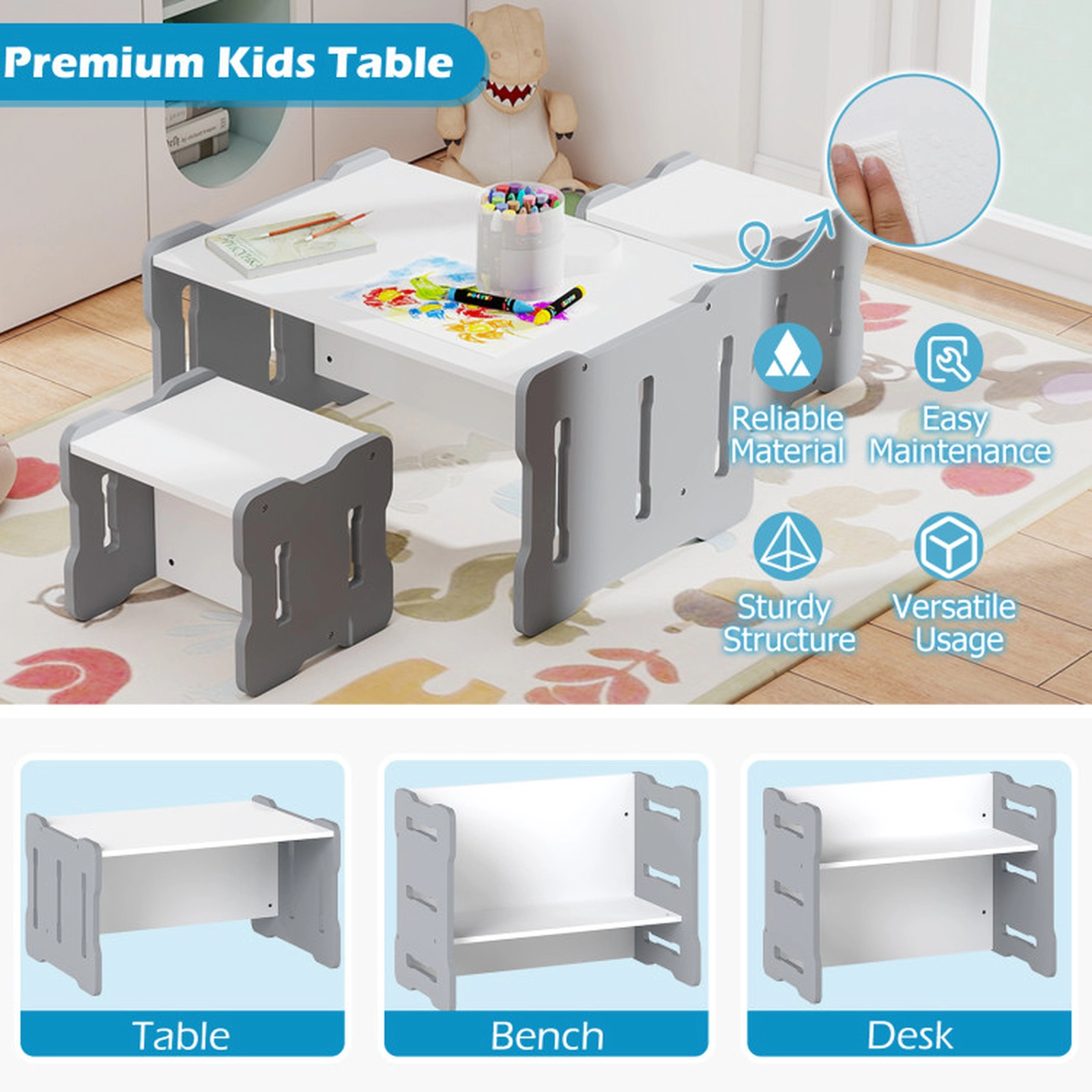 SUGIFT 3-Piece Toddler Study and Activity Table Set with 2 Stools 77-lb Capacity MDF 27-in Desk Gray/Natural