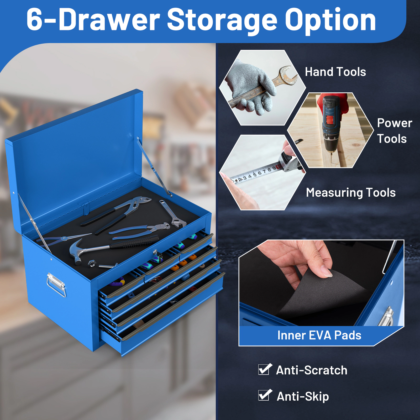SUGIFT 24-in 6-Drawer 120-lb Capacity Portable Steel Tool Chest with Central Lock and Top Storage