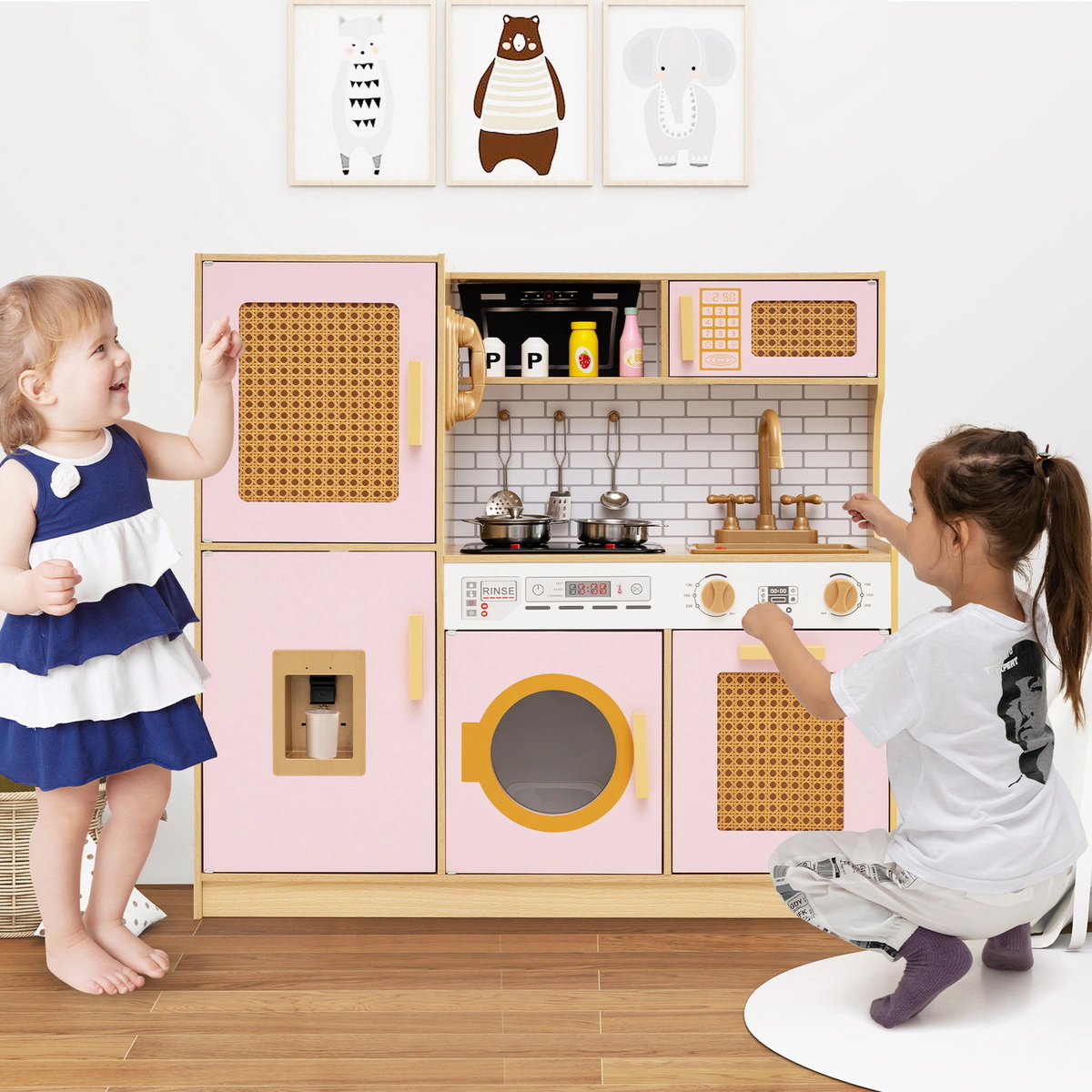SUGIFT Pink Rattan Doors Lights Sounds and Washing Machine Kids Wooden Kitchen Playset