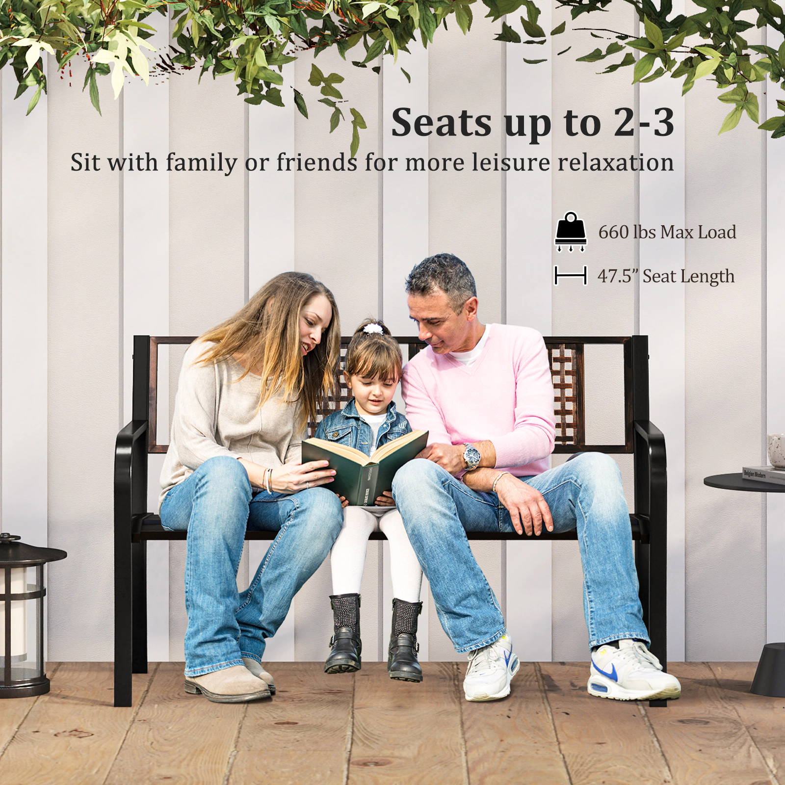 LJG 50 Inch Outdoor Metal Garden Bench with Rattan-Like Backrest for 2-3 People