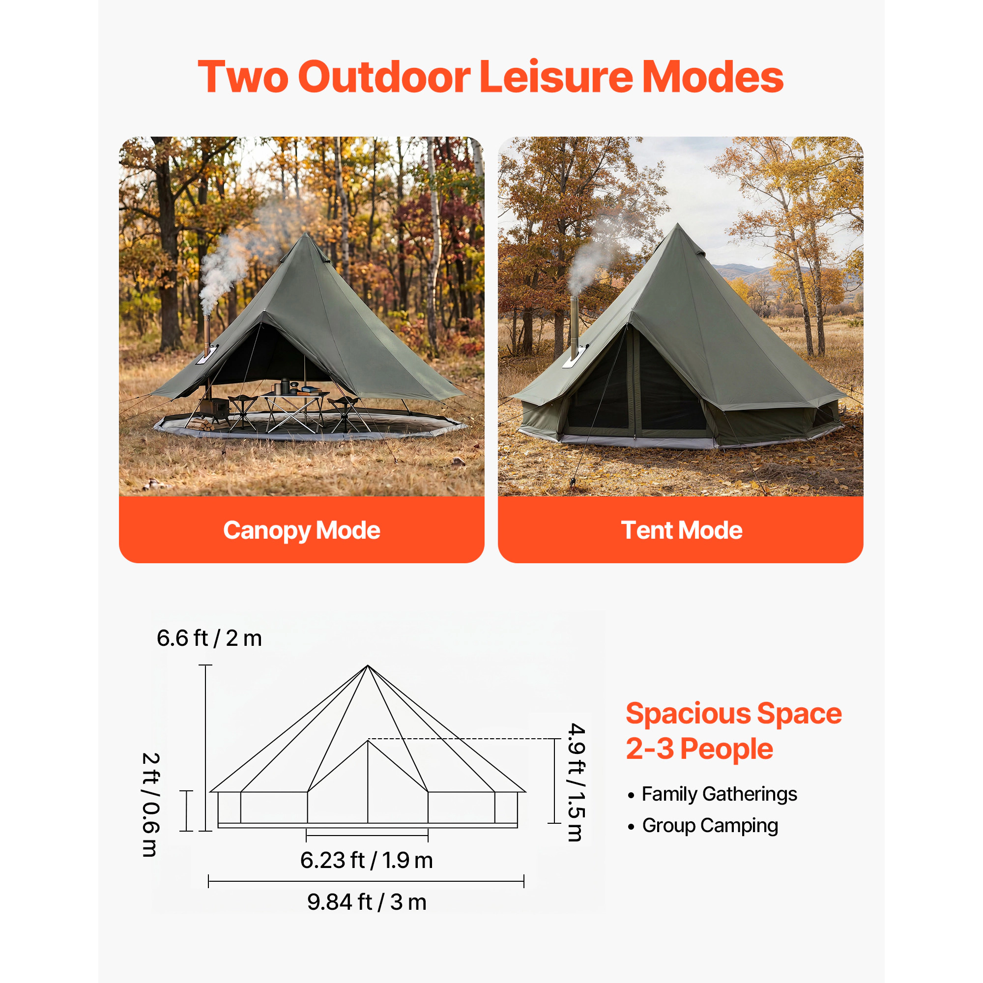 HONGGE Canvas Bell Tent 4 Seasons Yurt Tent for Camping with Stove Jack Canvas Breathable Holds with Zipped Detachable