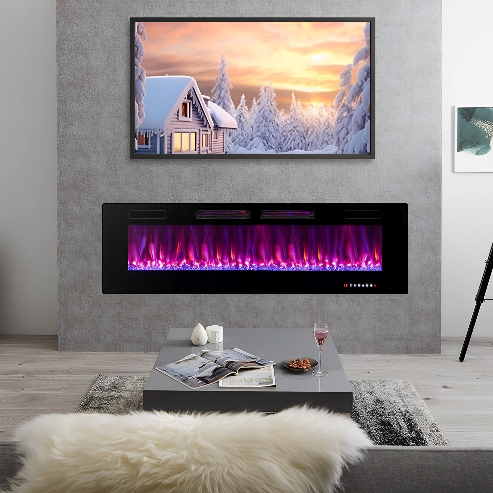 SUGIFT 60-Inch Ultra-Thin Electric Fireplace, Wall-Mounted or Recessed, App and Voice Control