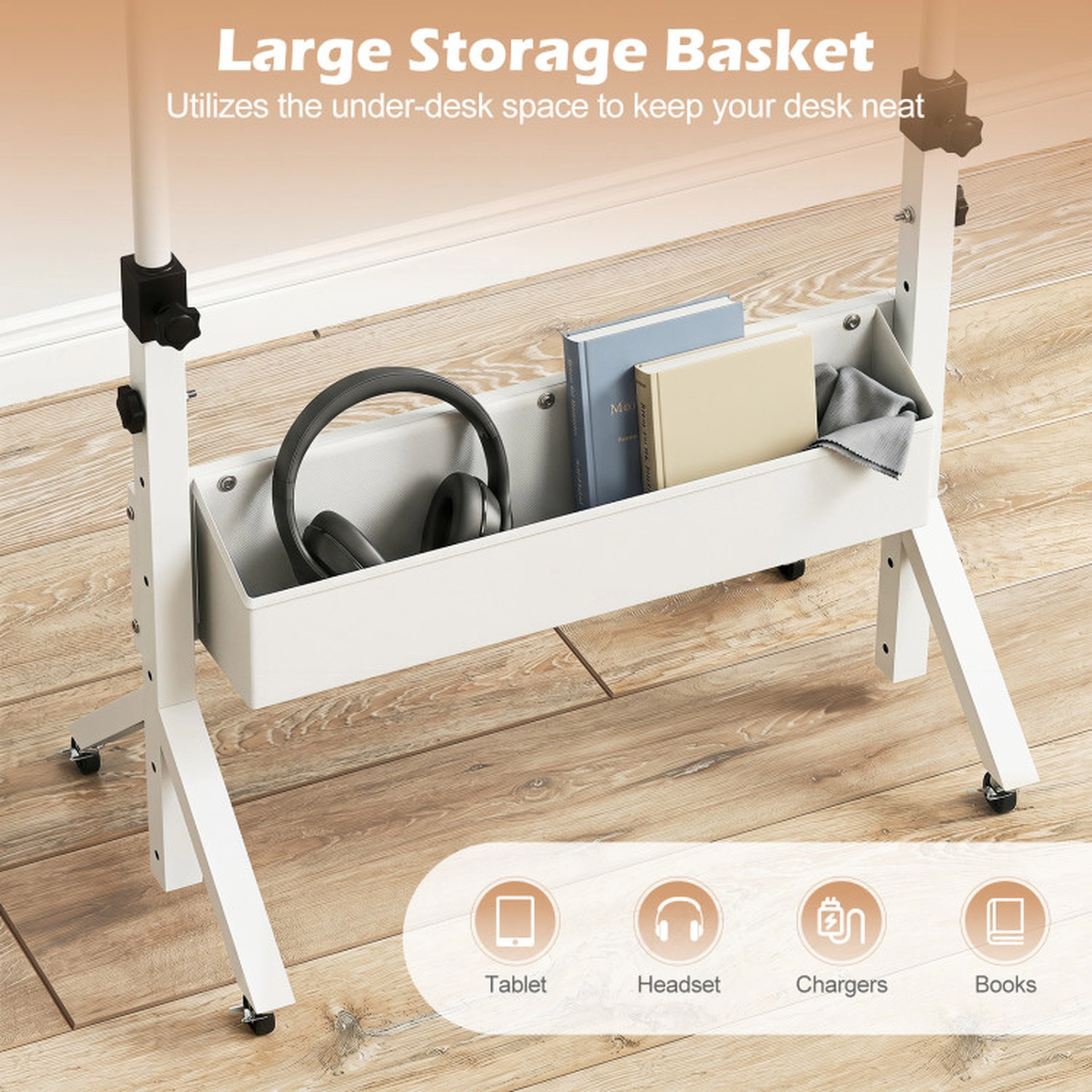 SUGIFT White 6 Height Settings Cup Holder and Storage Basket Mobile Standing Desk