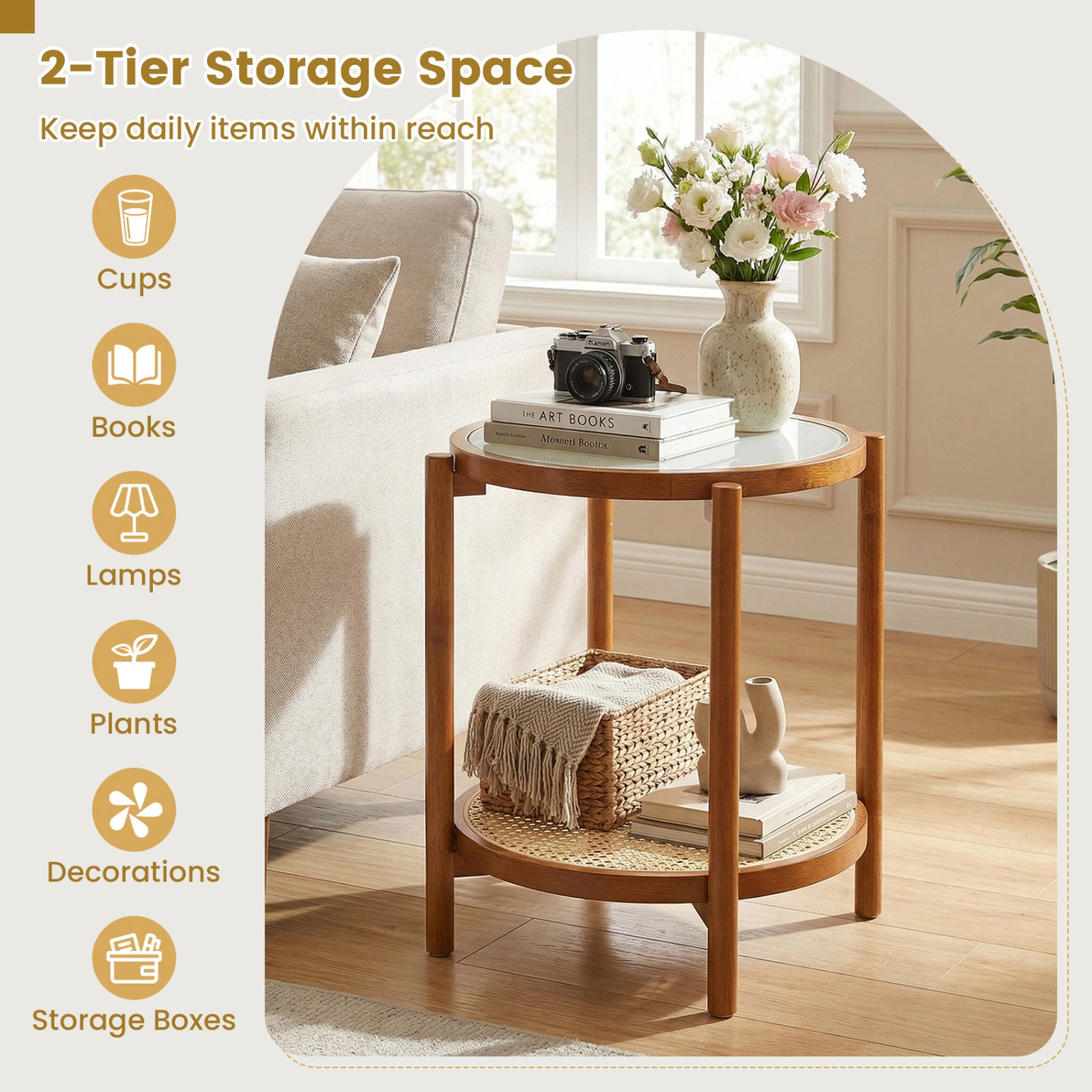 SUGIFT 18.5-Inch Round 2-Tier Boho Side Table, Glass Top, Rattan Shelf, Acacia Legs