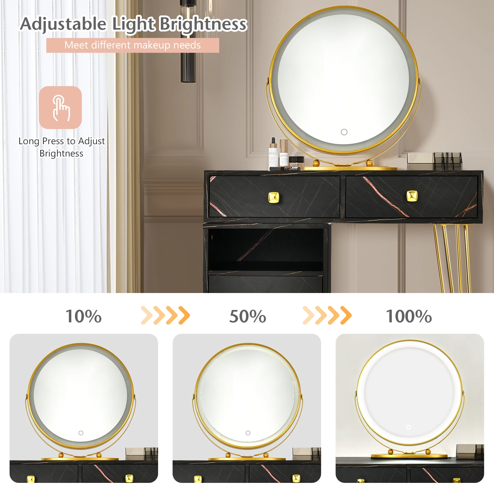 SUGIFT Modern Dressing Table with Storage Cabinet, Stool and LED Mirror 88-lb Table 220-lb Stool Capacity Black