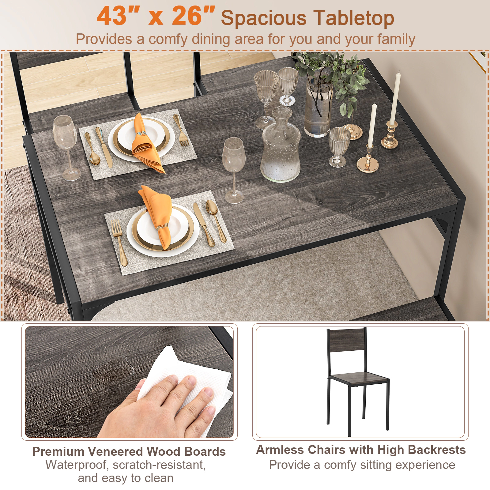 SUGIFT 4-Piece Gray Metal Dining Set, 43-Inch Rectangular Table, Bench, 2 Chairs, Storage Shelves