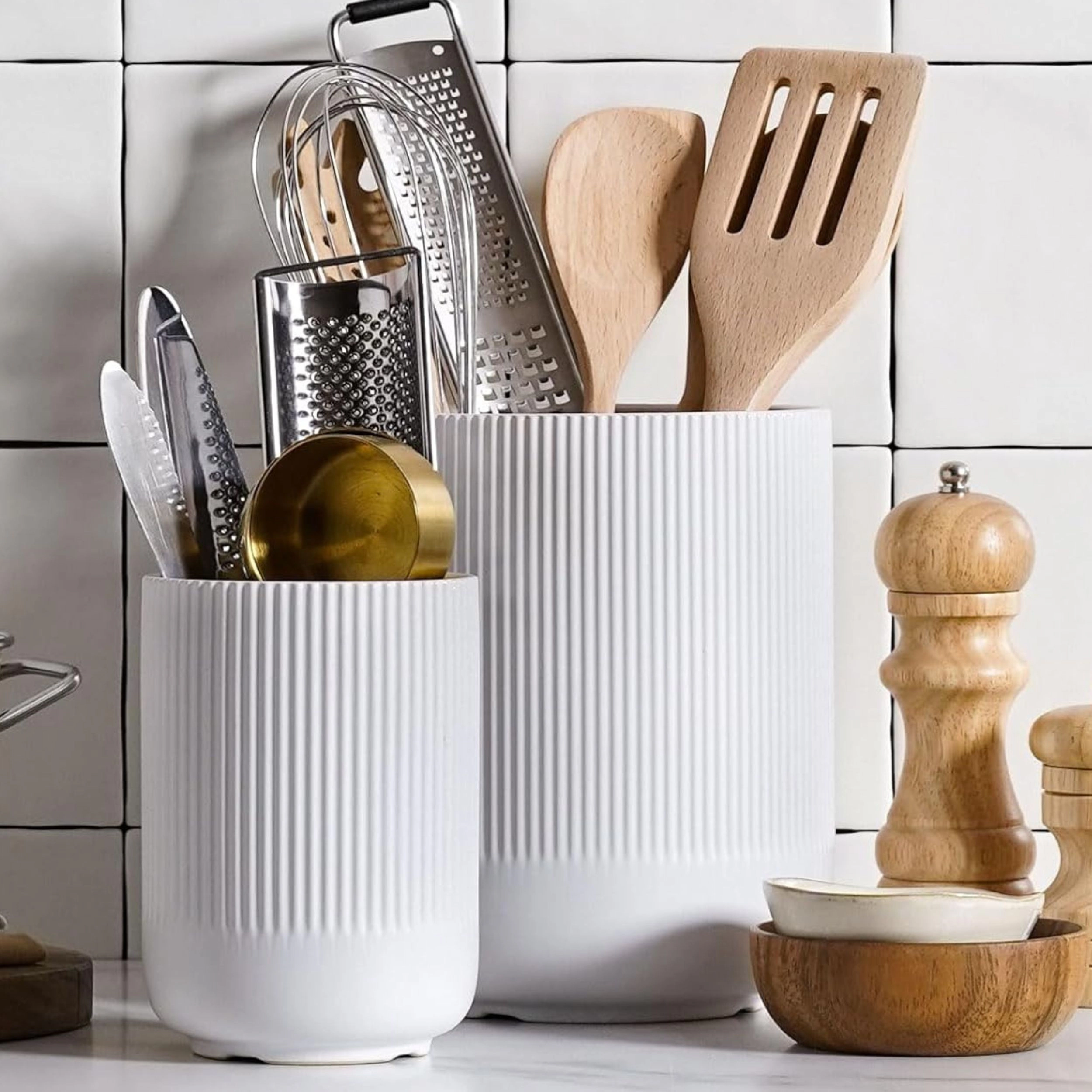 Stock Preferred Pack of 2 Fluted Ceramic Utensil Holder Set Kitchen Counter Organizer