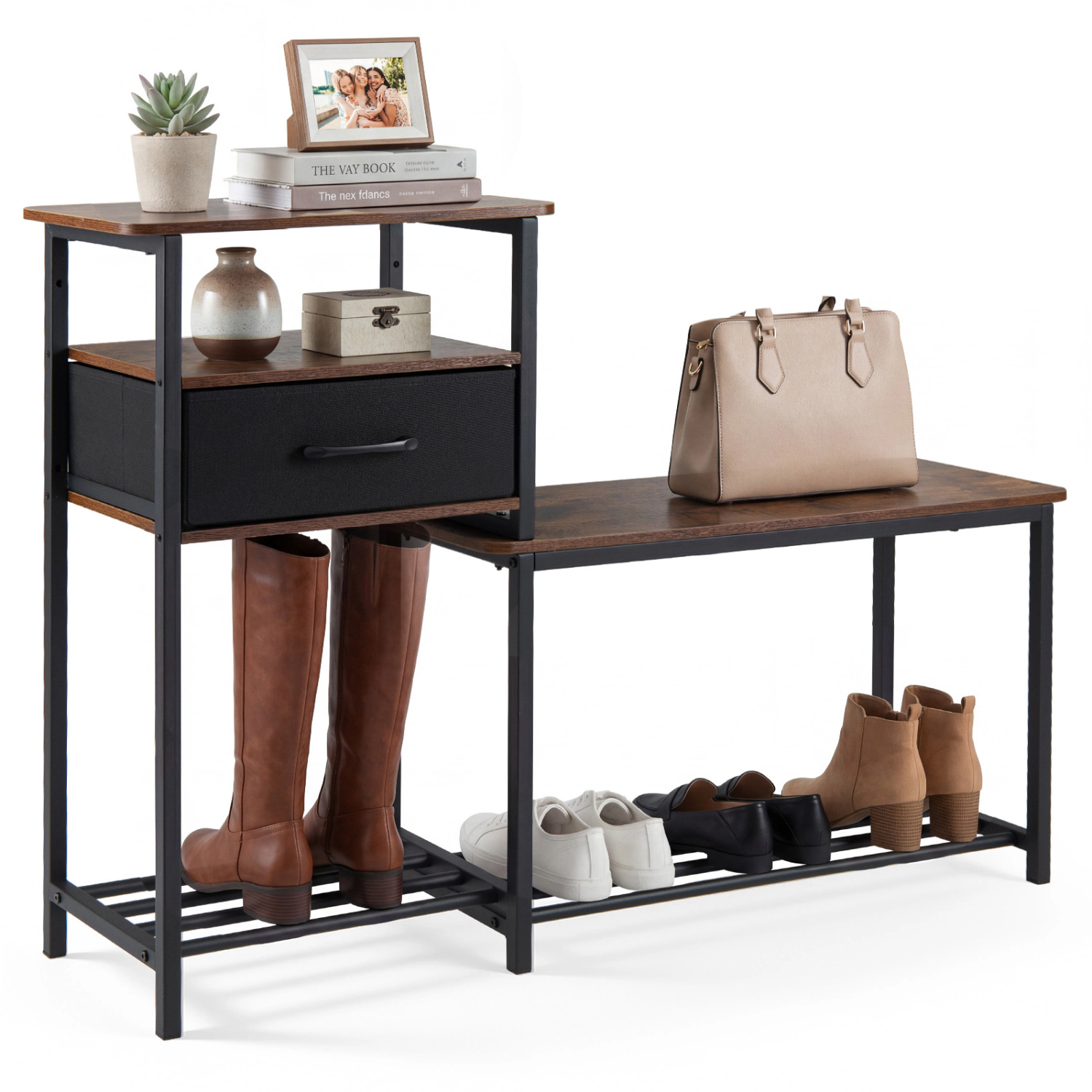 Glintex 2-in-1 Shoe Rack and Bench with Wire Shelves and Fabric Drawer, Rustic Brown