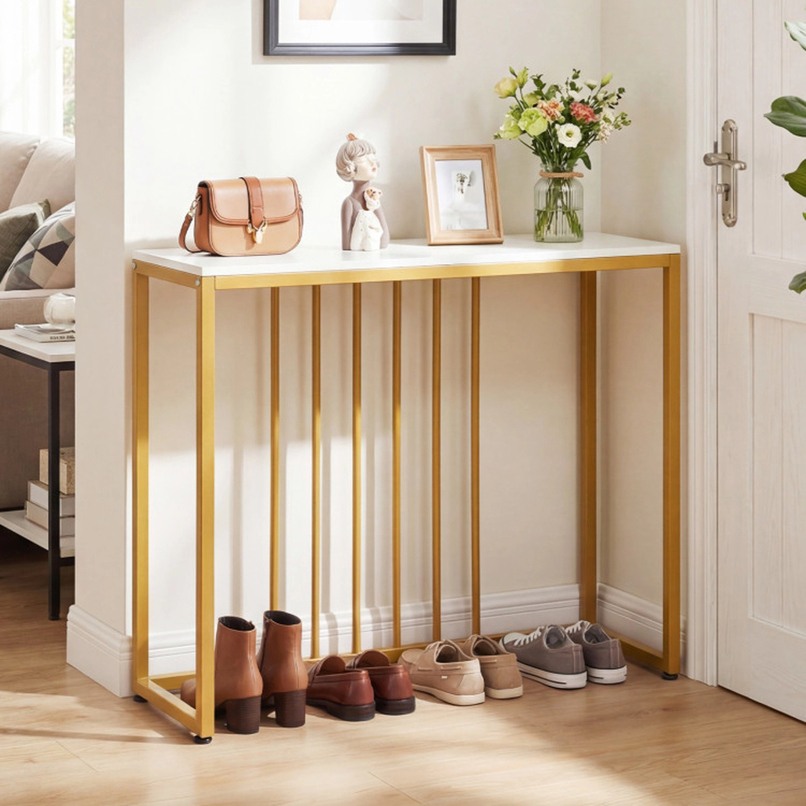 SUGIFT 39-in 88-lb Capacity White and Gold Metal Frame Console Sofa Table with Built-In Charging Station