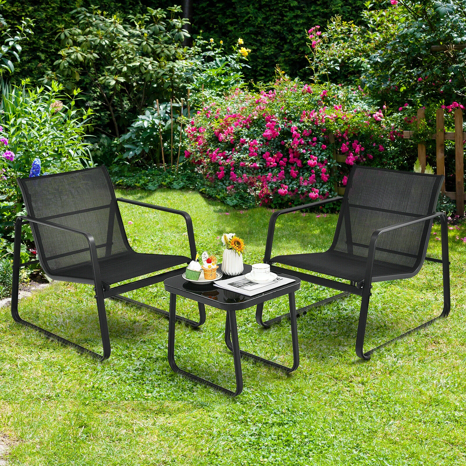 Hivvago 3 Pieces Patio Bistro Furniture Set With Glass Top Table Garden Deck