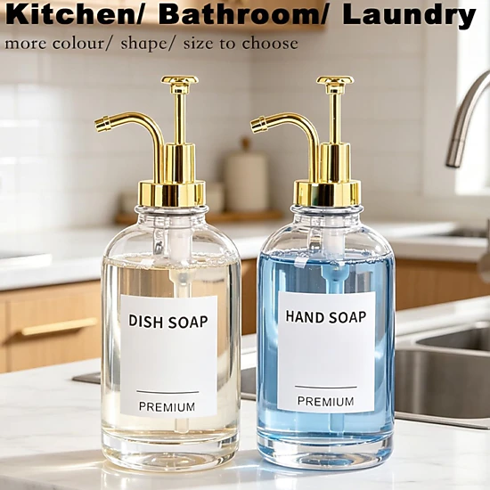 Stock Preferred Pack of 2 Clear Glass Soap Dispensers with Pumps Tray and Labels