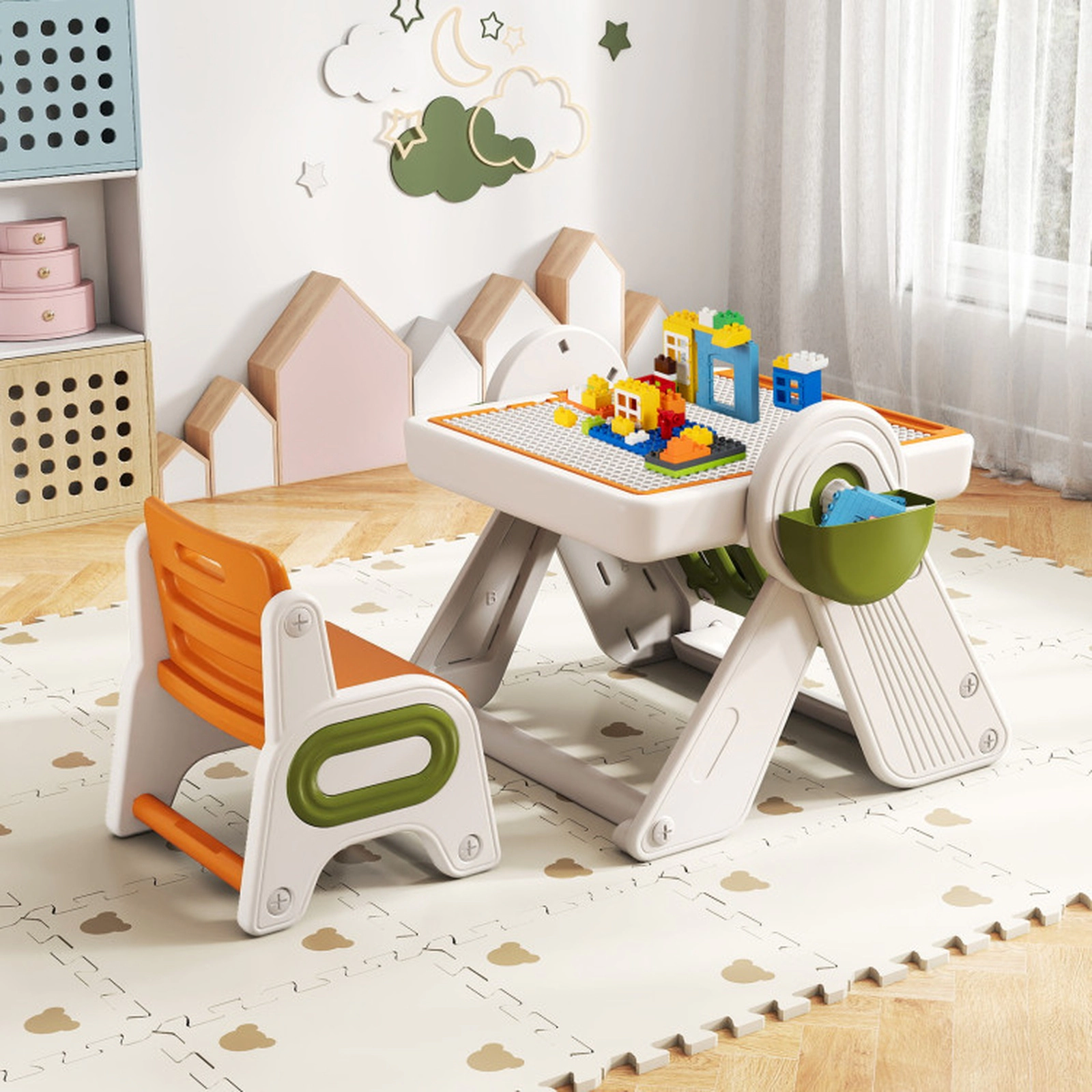 SUGIFT Orange Folding Art Easel and Storage Baskets Kids 6-in-1 Activity Table and Chair Set