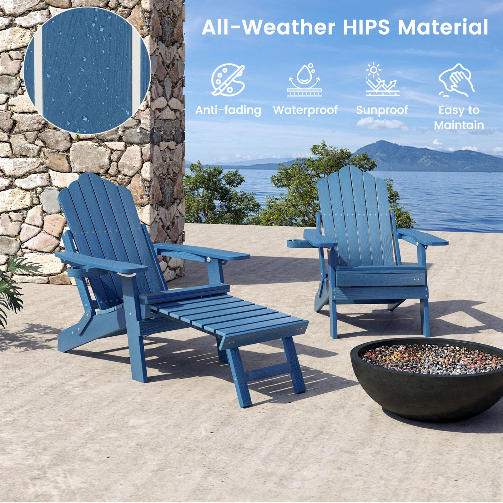 SUGIFT Navy HIPS Folding Adirondack Chair with Retractable Footrest 47-in W 30.5-in D 400-lb Seat