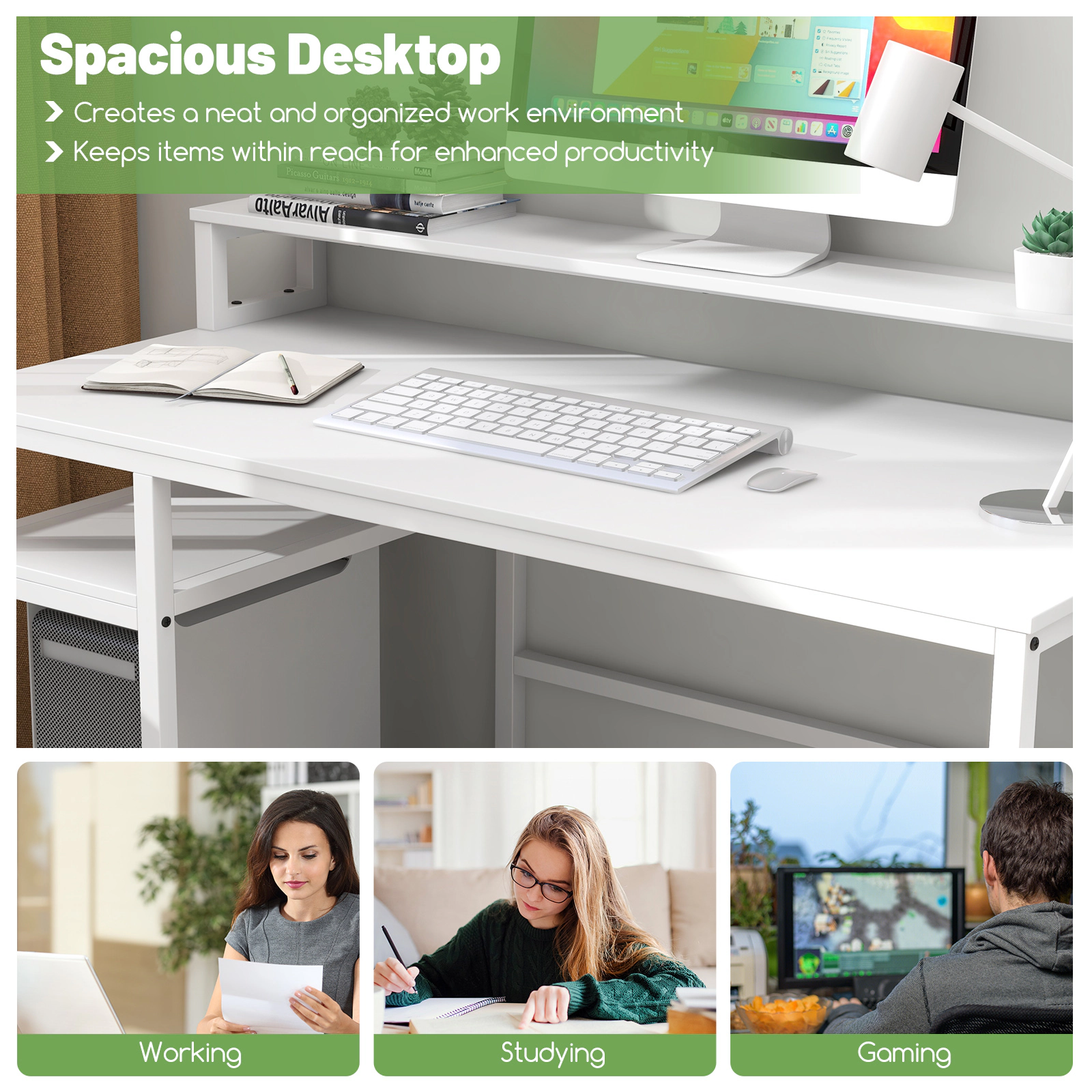 SUGIFT 67 in Computer Desk White with Monitor Stand File Drawer and Power Outlets