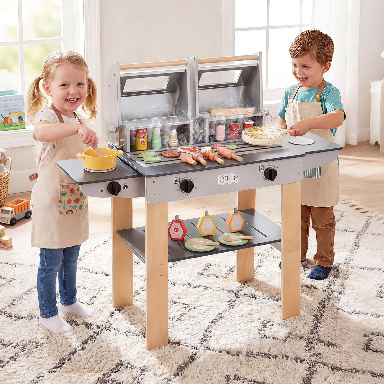 Wooden Kids BBQ Grill Playset Safety Lid Latch See-Through Windows 19-pc Accessory Set 37-in Toy Grill Ages 3+ Grey