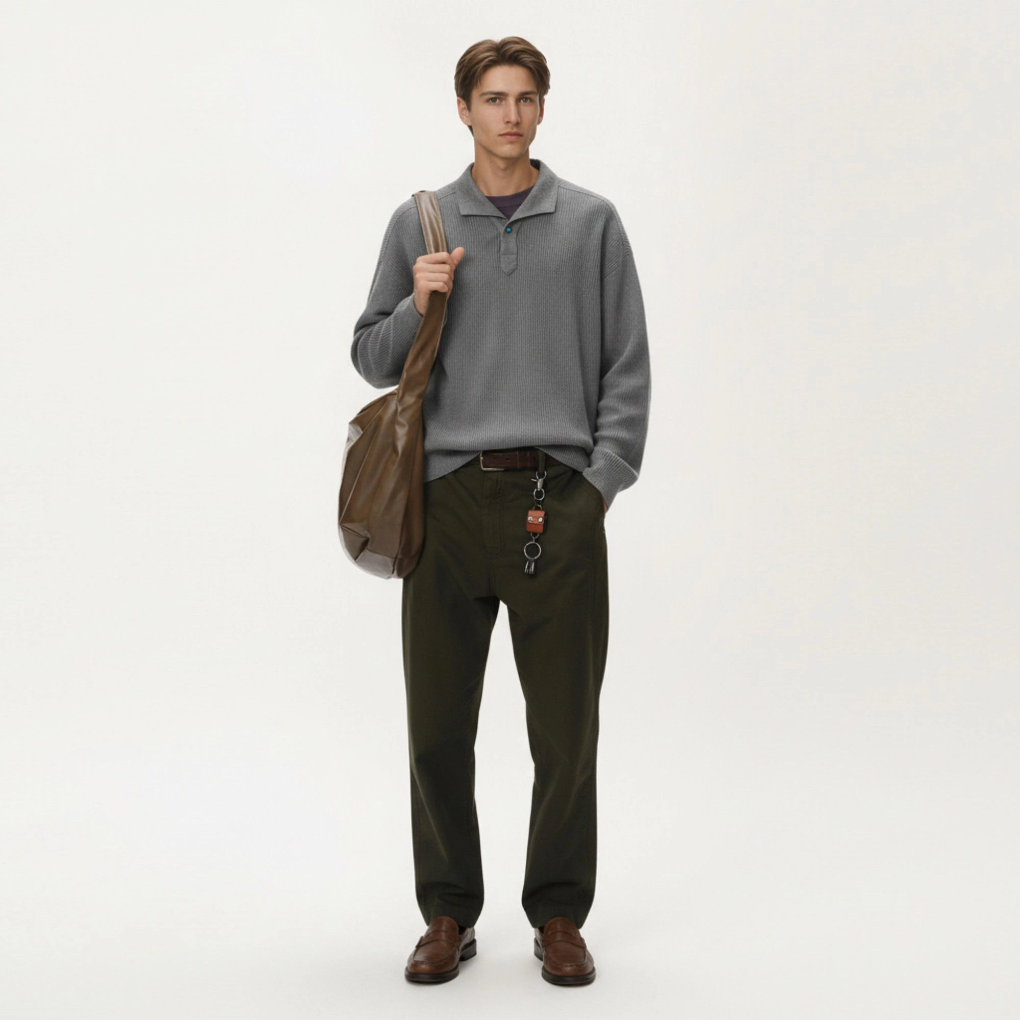 Anna-Kaci Men's Ribbed Long Sleeve Polo Sweater with Relaxed Fit and Soft Knit Texture