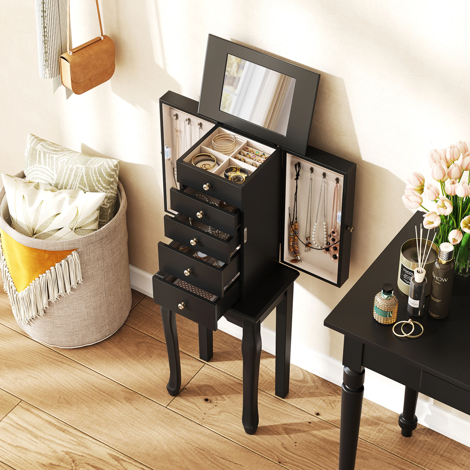 SUGIFT Flip Top Mirror 5 Drawers 2 Side Doors 8 Necklace Hooks Jewelry Cabinet Armoire 12.5-in x 8.5-in x 34-in Black
