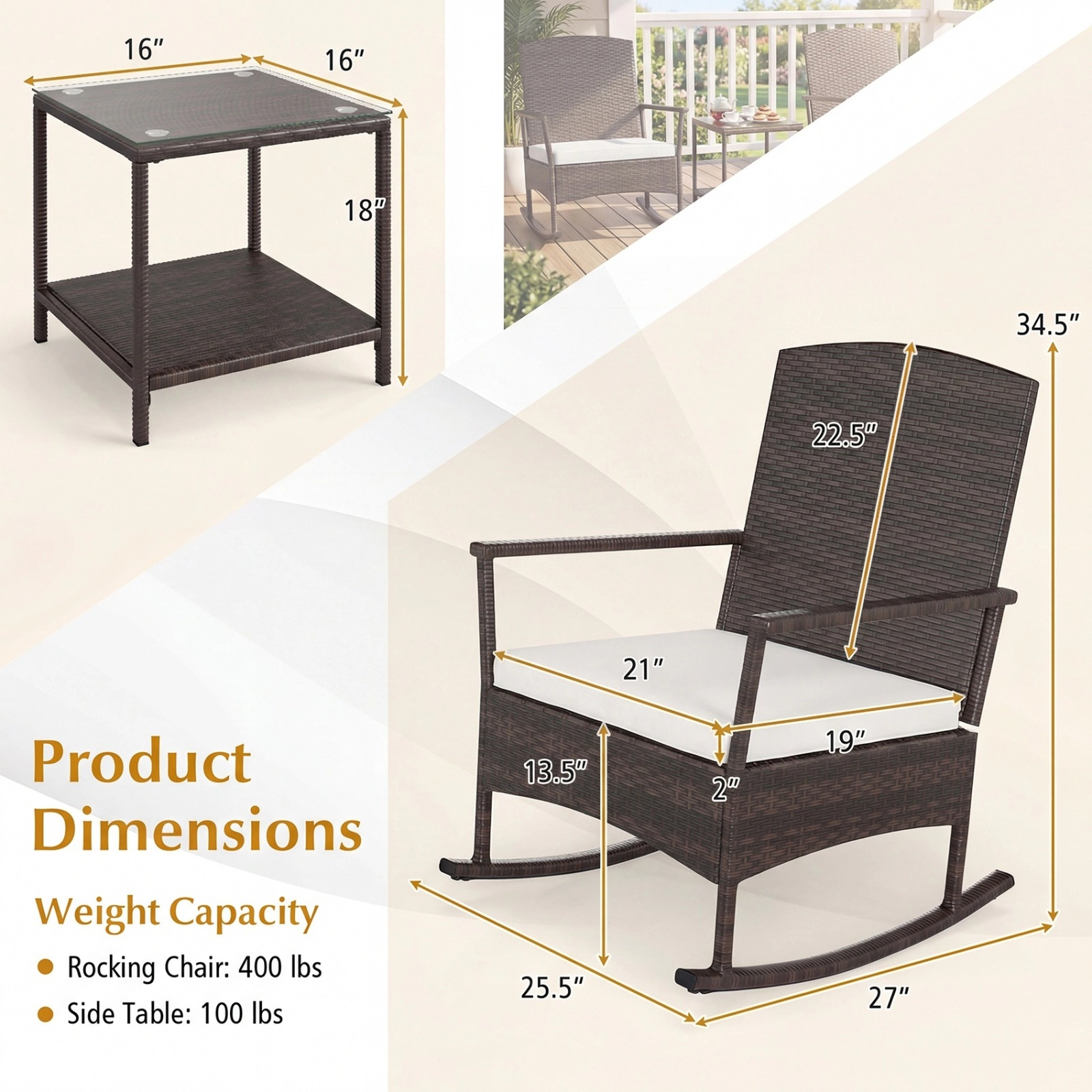 SUGIFT Patio Rocking Conversation Set Wicker Rocking Chairs & 2-Tier Coffee Table 400-lb Chair Capacity Off White Mix