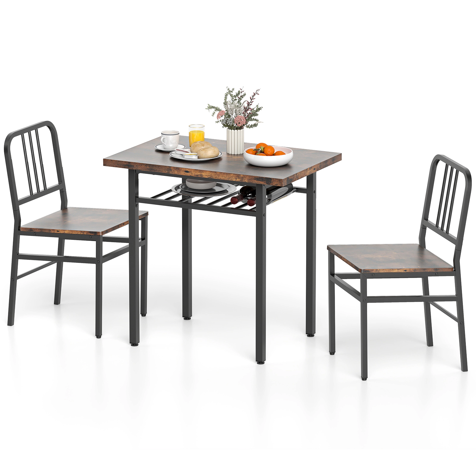 SUGIFT 3 Piece Dining Set Rustic Brown 31.5 in Table with Storage Shelf and 2 Chairs