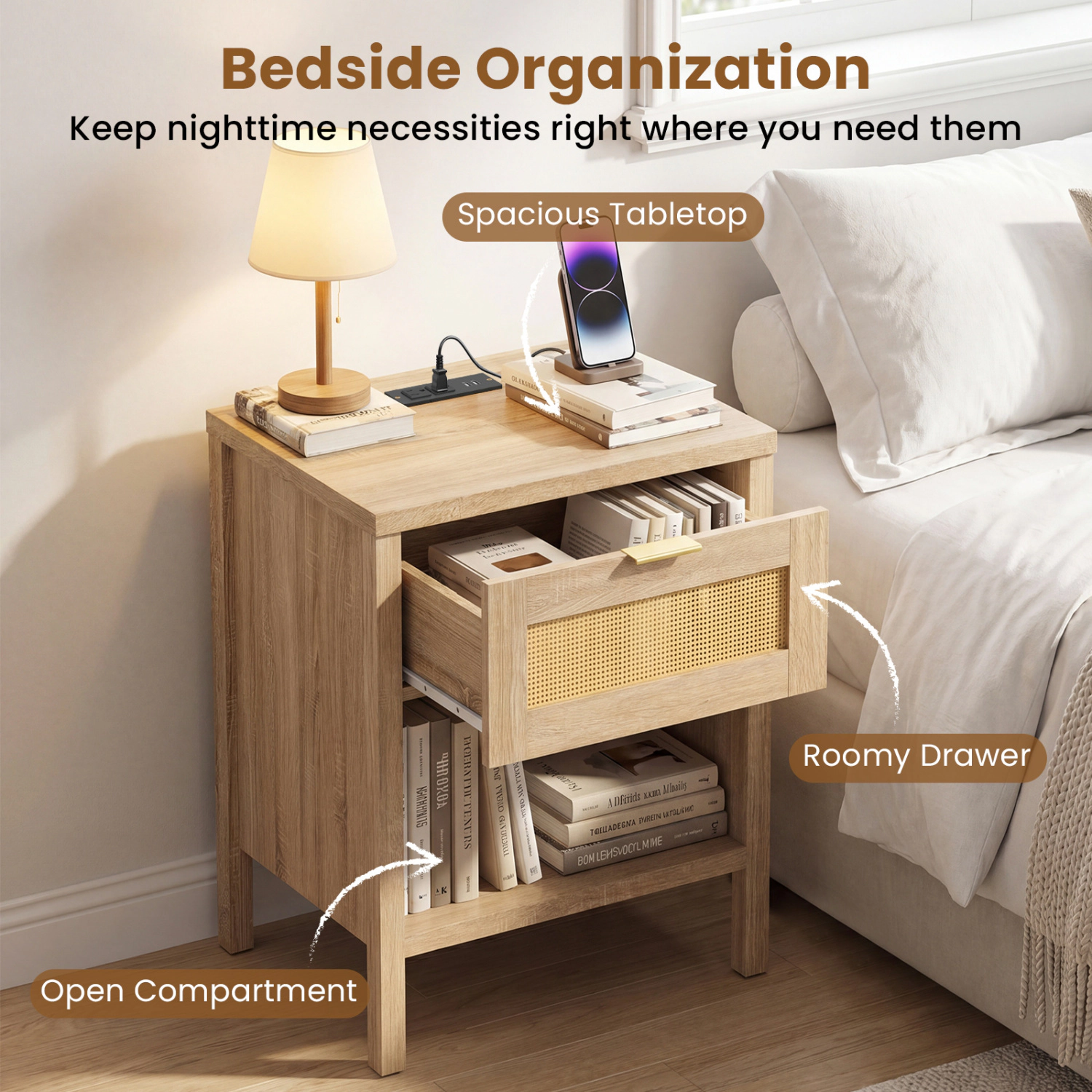 Hivvago Rattan Nightstand with Charging Station and Storage Shelf for Bedroom