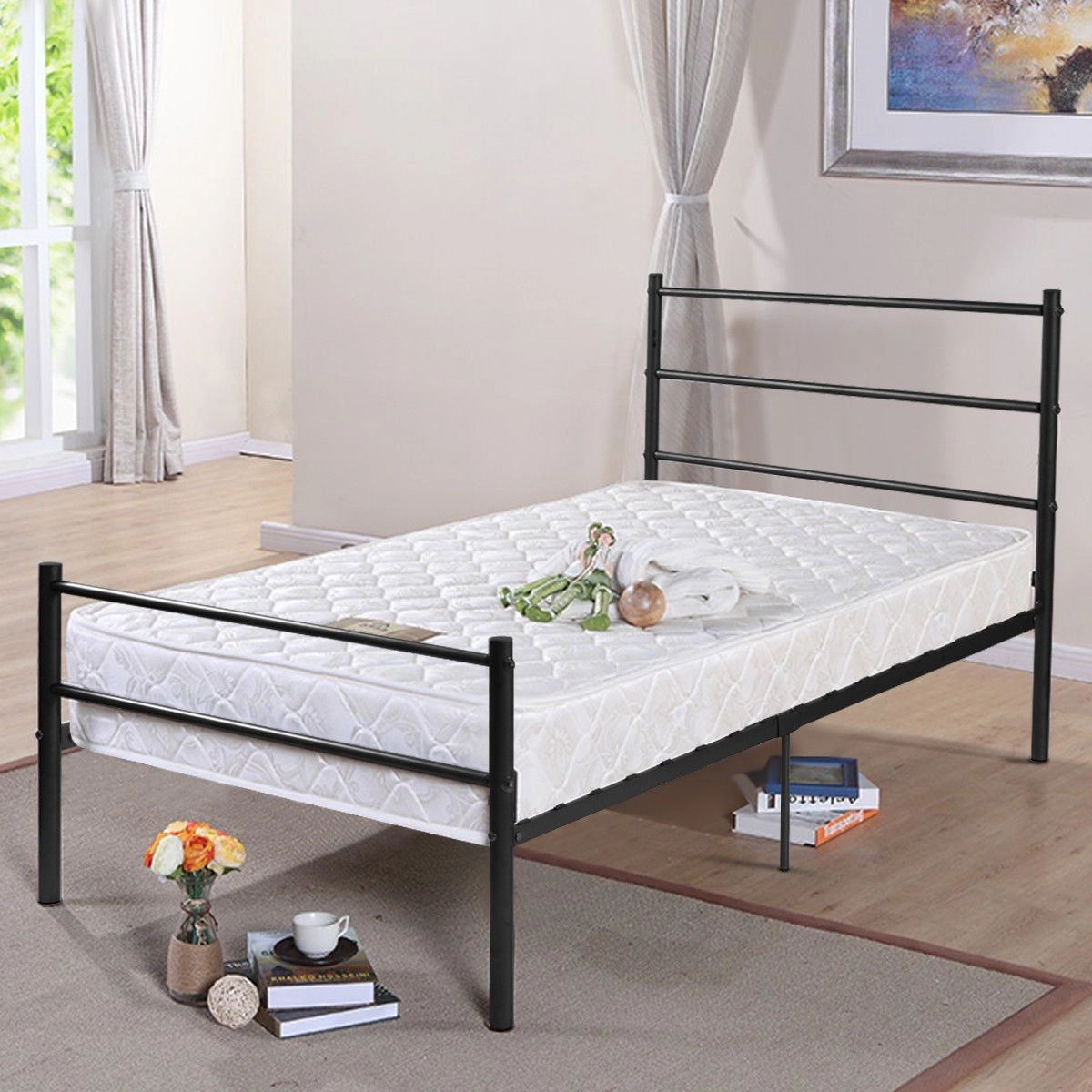 SlickBlue Heavy Duty Twin Metal Bed Frame with Headboard and Supports