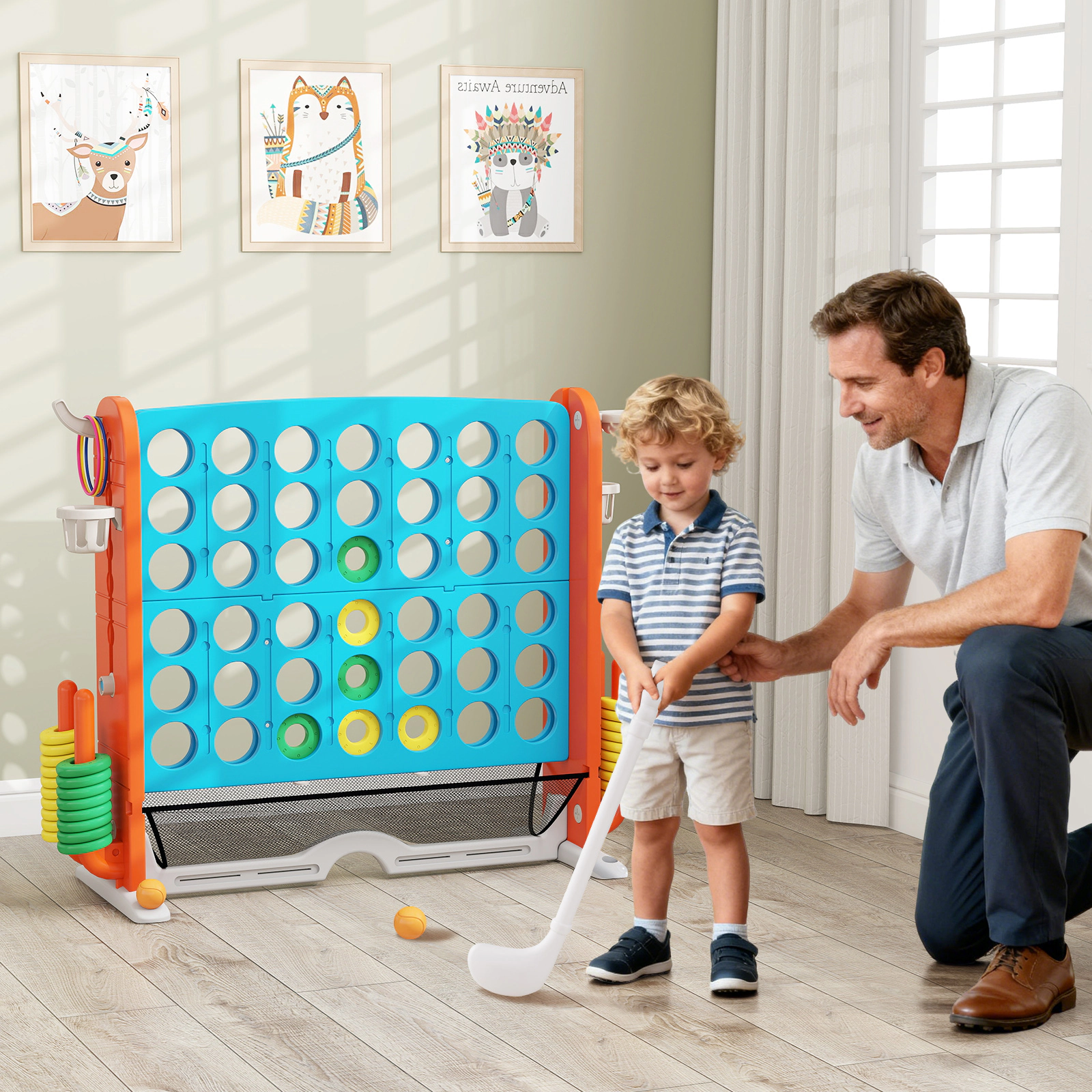 SUGIFT 4-in-1 Jumbo 4-to-Score Game with Ring-Toss Basketball Hoop and Mini Golf 38.5-in Tall Frame Blue & Orange