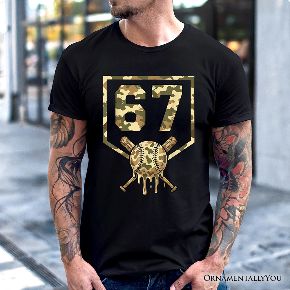 OrnamentallyYou Mens Six Seven" Cool Camo Baseball Drip T-Shirt