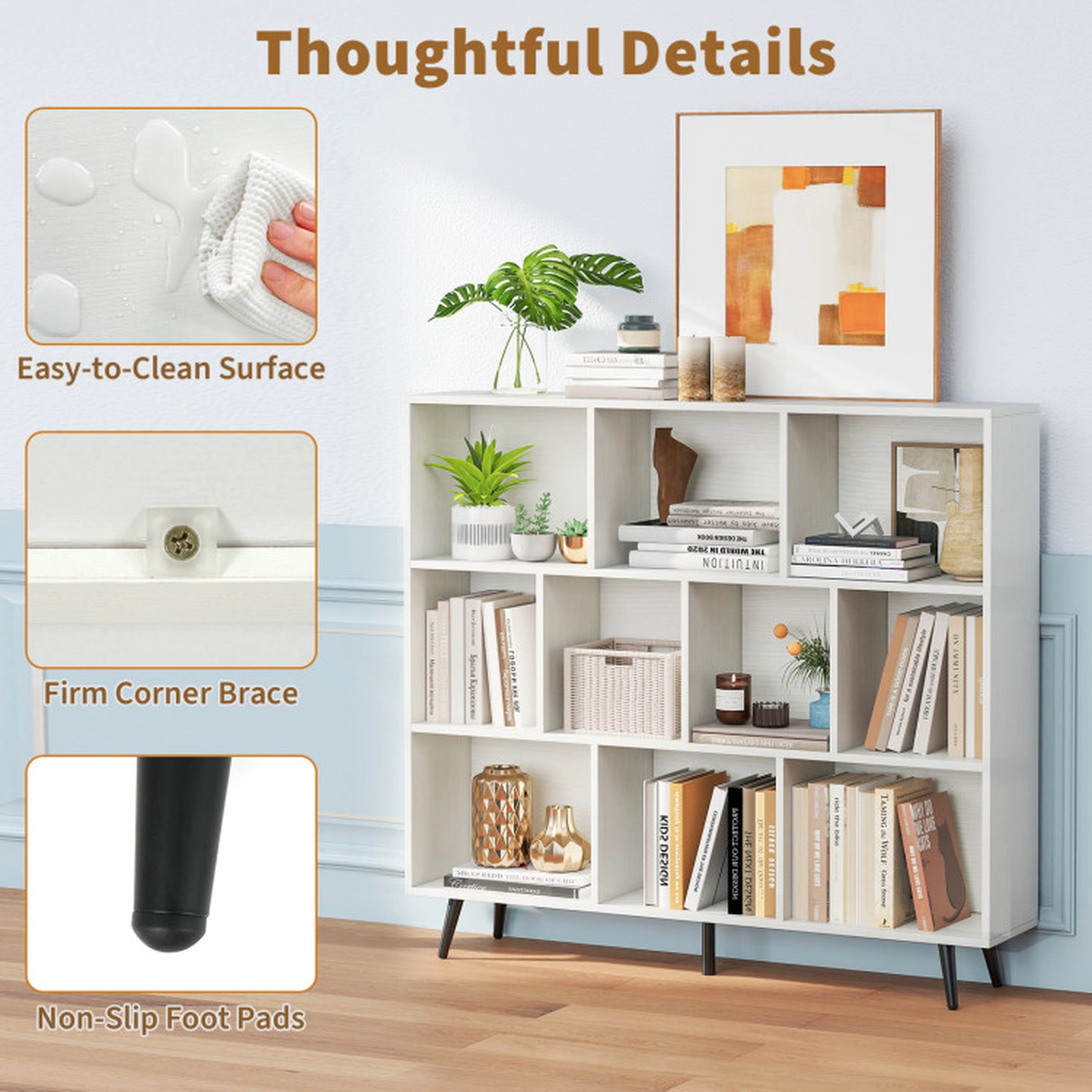 SUGIFT 10-Cube 42-in Tall Storage Bookshelf with 5 Tapered Metal Legs and 2 Anti-Tipping Kits for Bedroom