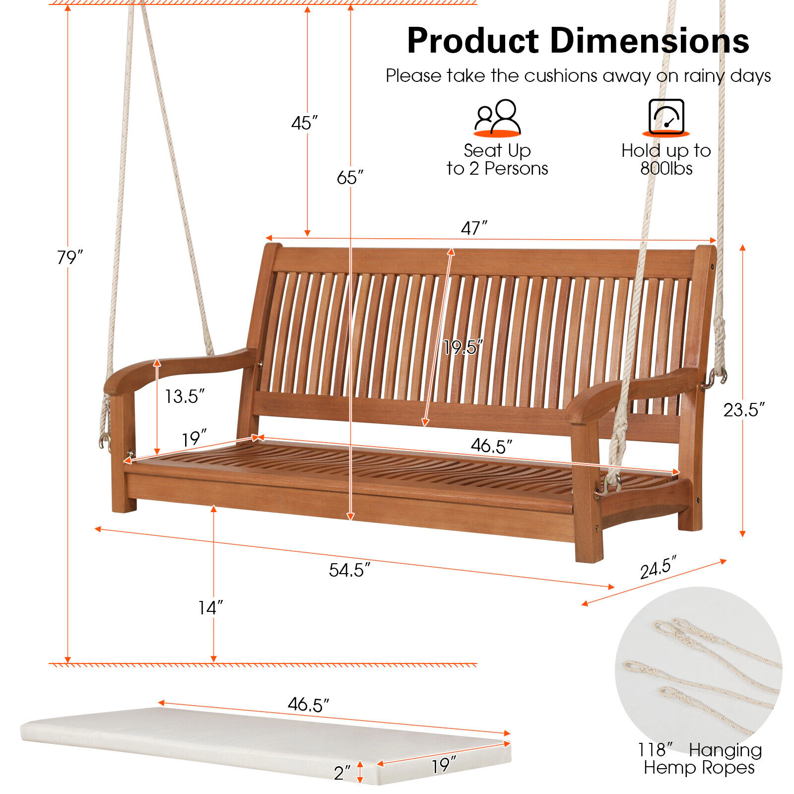 SUGIFT 800-lb 2-Person Eucalyptus Wood Porch Swing Bench with Cushion and Hemp Ropes