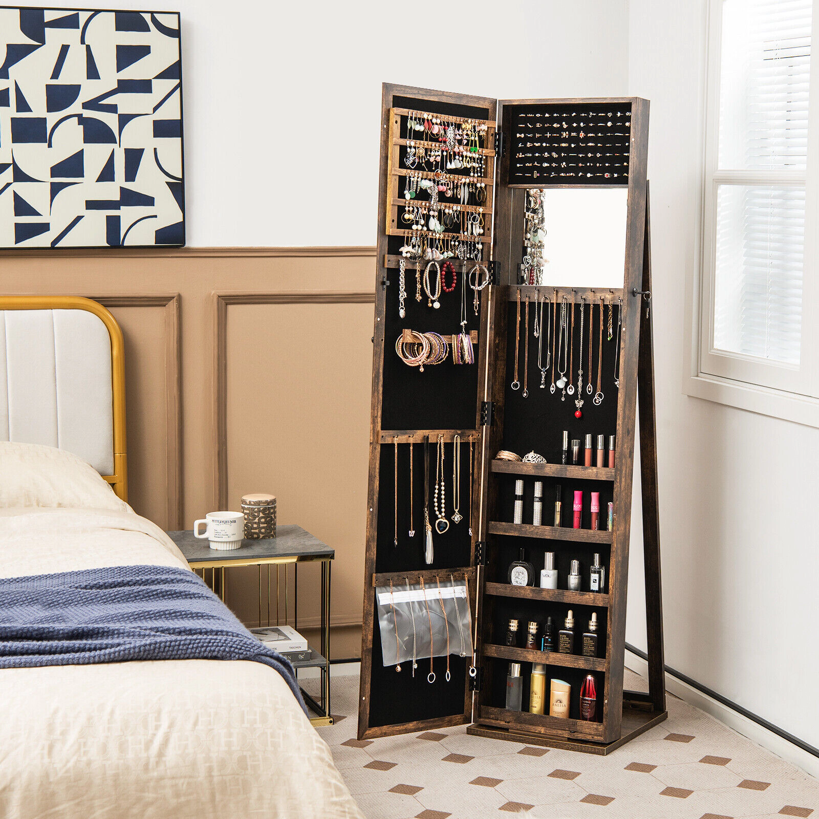 SUGIFT Standing Lockable Jewelry Storage Organizer with Full-Length Mirror 62-in Tall P2 MDF Brown