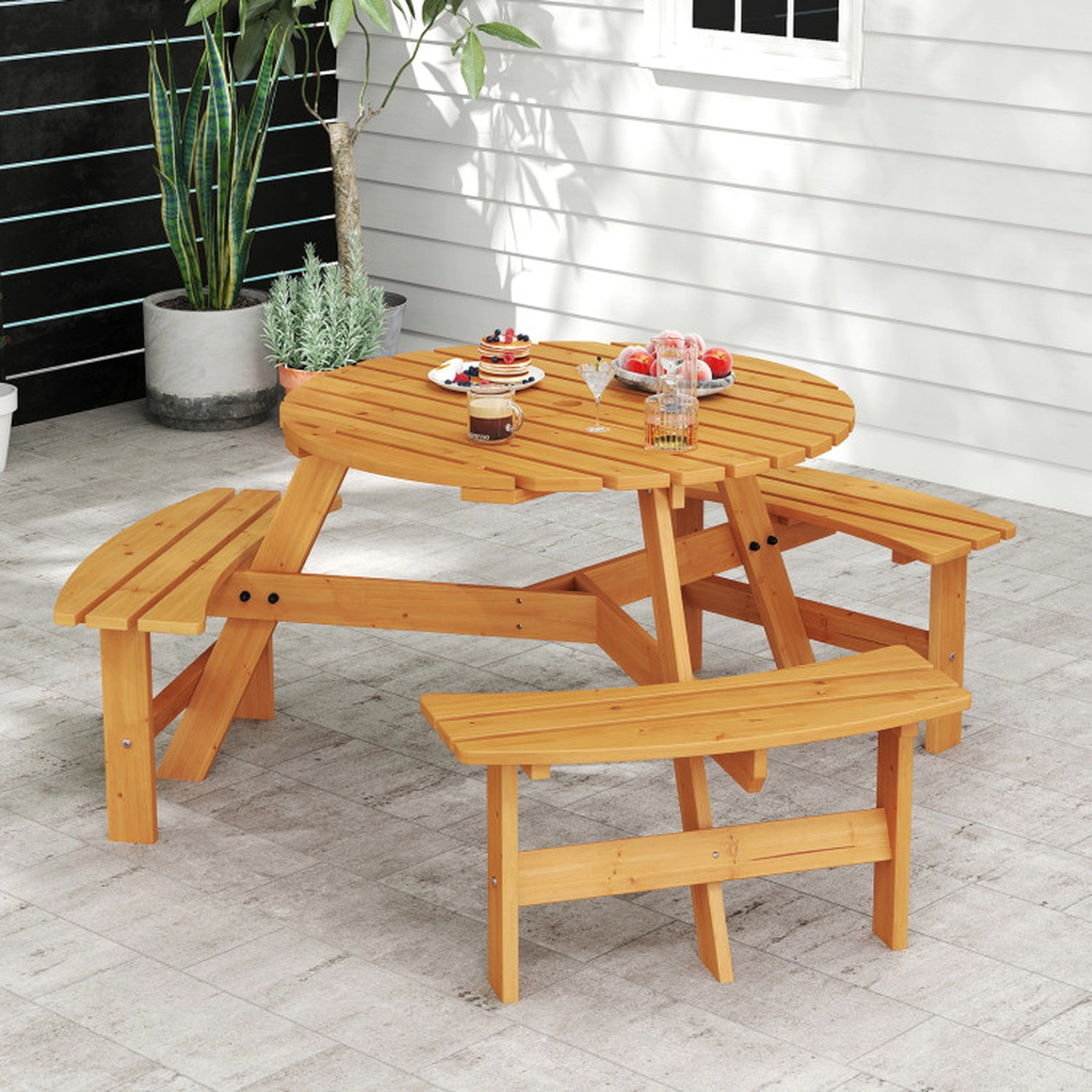 SUGIFT 6-Person Round Fir Wood Picnic Table Set with 3 Benches 220-lb Table 550-lb Benches 36-in Top Brown/Yellow
