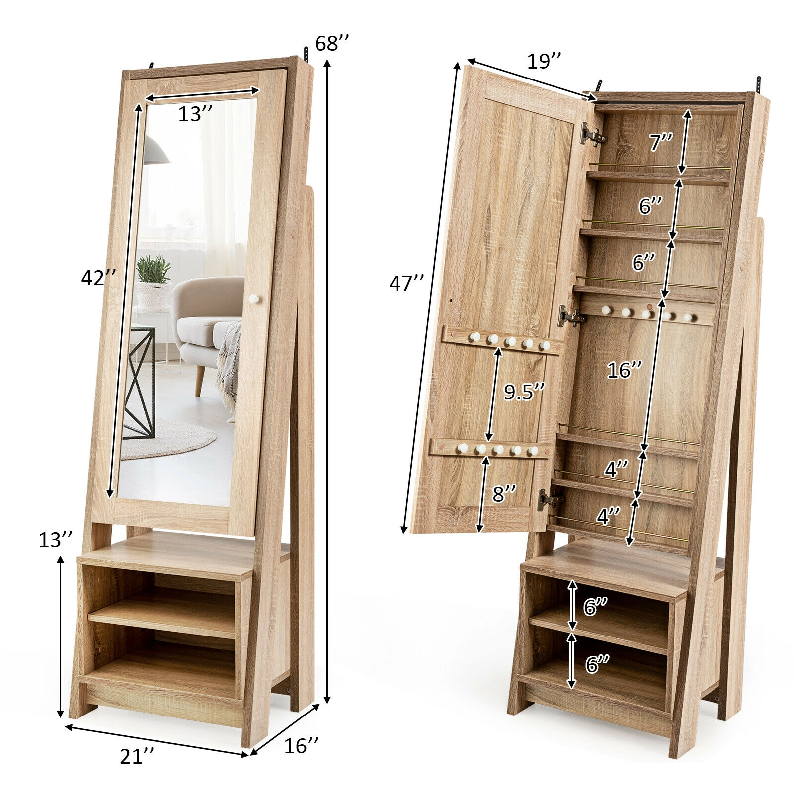 Slickblue 68 Inch Freestanding Jewelry Cabinet with Full-Length Mirror and Storage Shelves