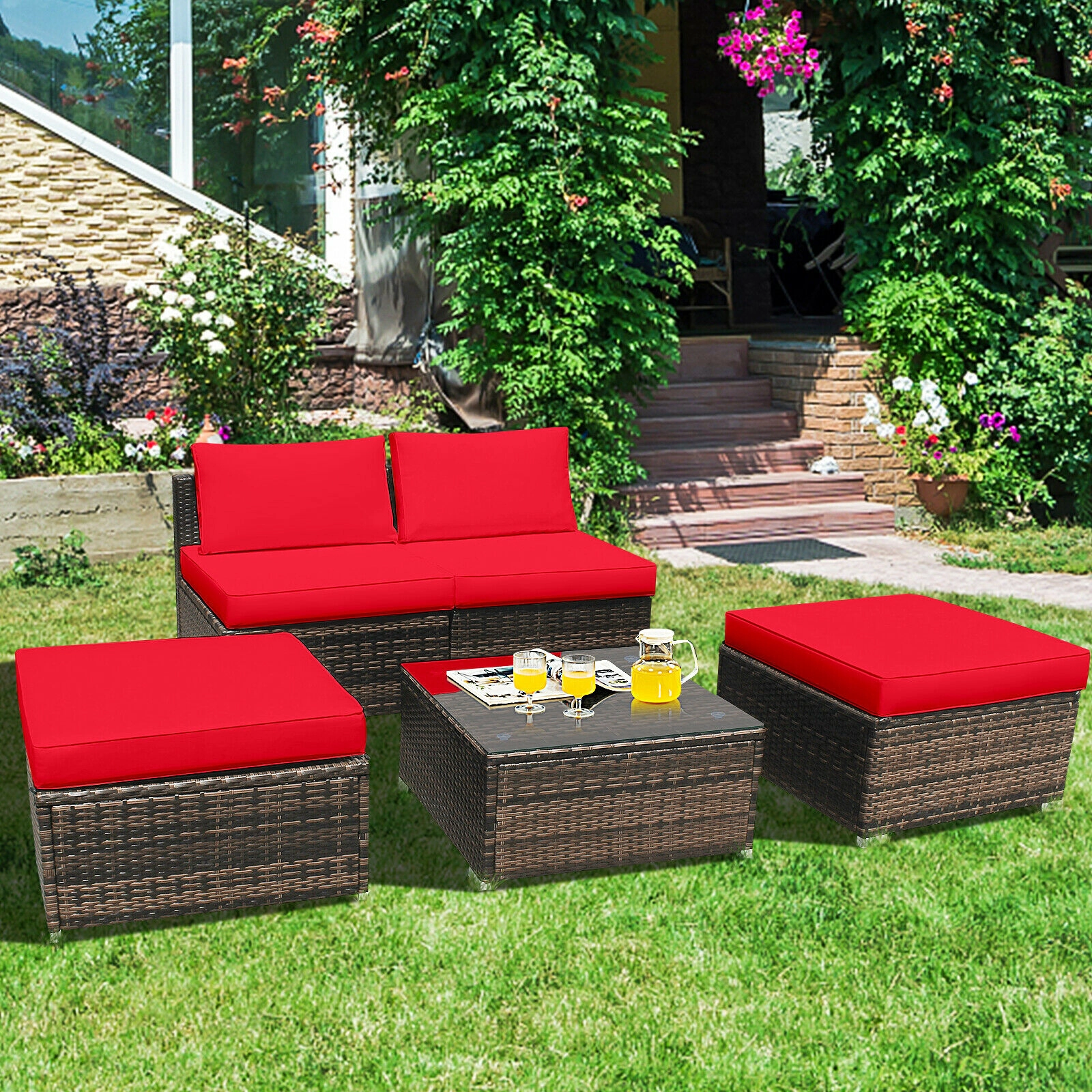 Hivvago 5 Pieces Patio Rattan Furniture Set With Cushioned Armless Sofa