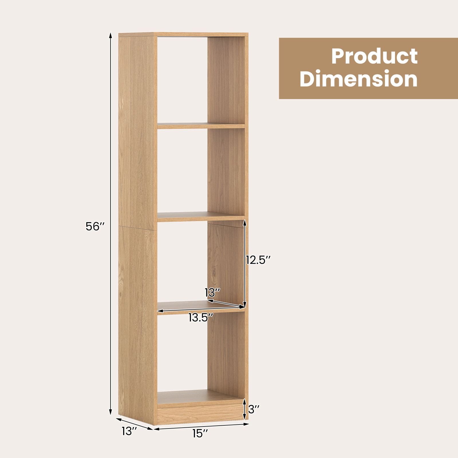 SUGIFT Natural 5-Tier 4-Cube Narrow Bookshelf 56 in Tall with 4 Anti-Tipping Kits